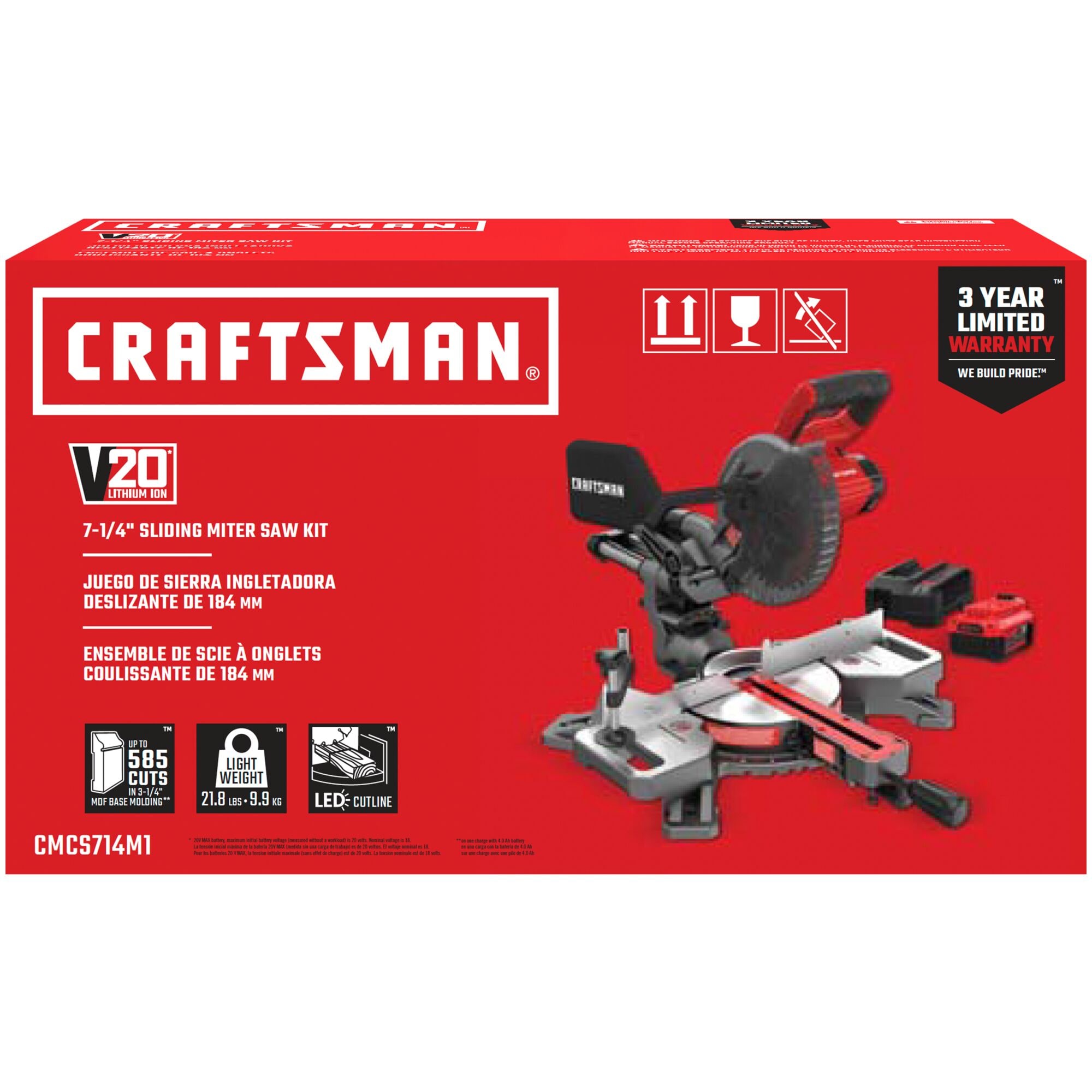 Sierra ingletadora compuesta deslizante de una sola bisel de 20 voltios máx. CRAFTSMAN V20 de 7-1/4 pulgadas (batería incluida) CMCS714M1