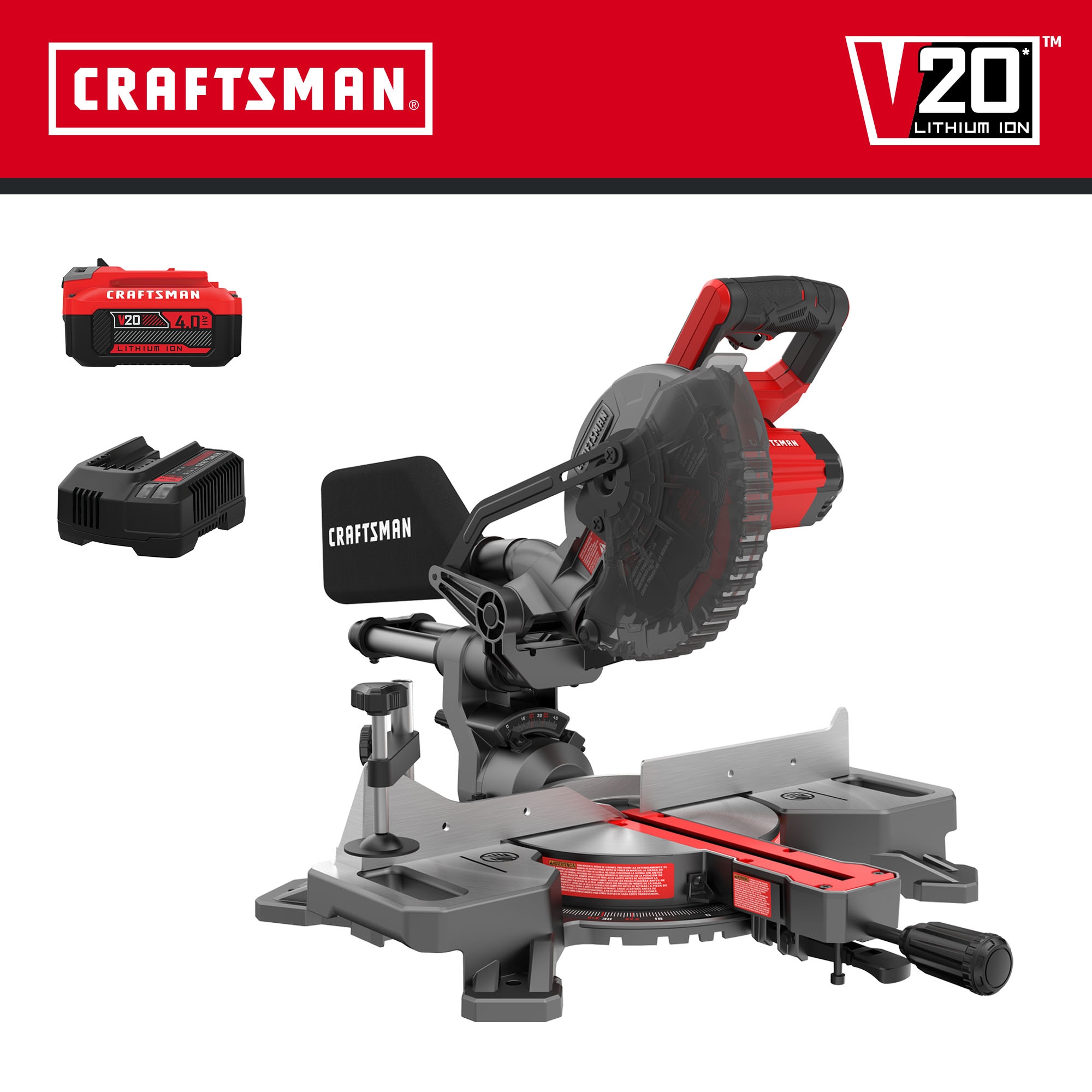 Sierra ingletadora compuesta deslizante de una sola bisel de 20 voltios máx. CRAFTSMAN V20 de 7-1/4 pulgadas (batería incluida) CMCS714M1