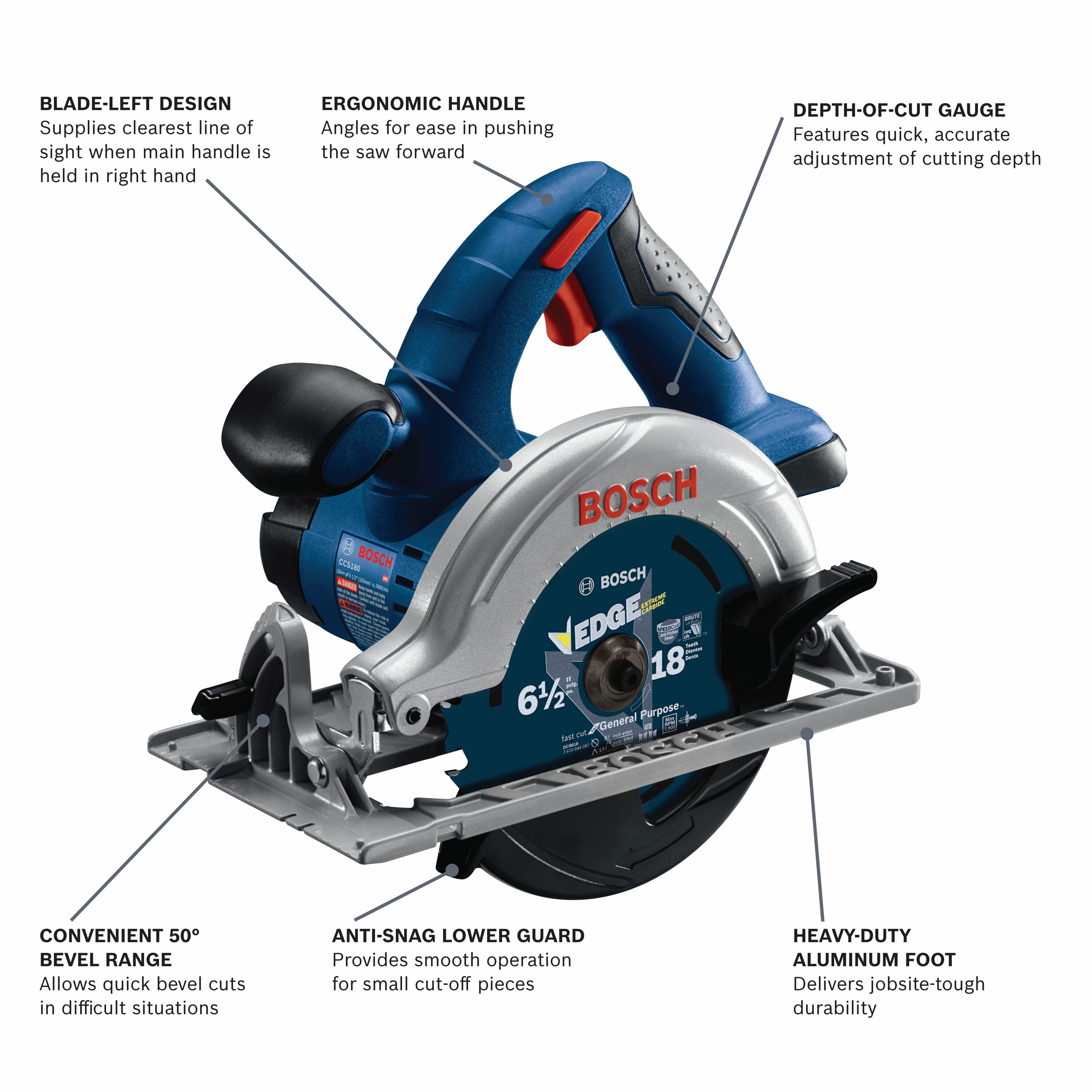 Sierra circular inalámbrica Bosch de 18 voltios con batería de 2 amperios y 6-1/2 pulgadas CCS180B