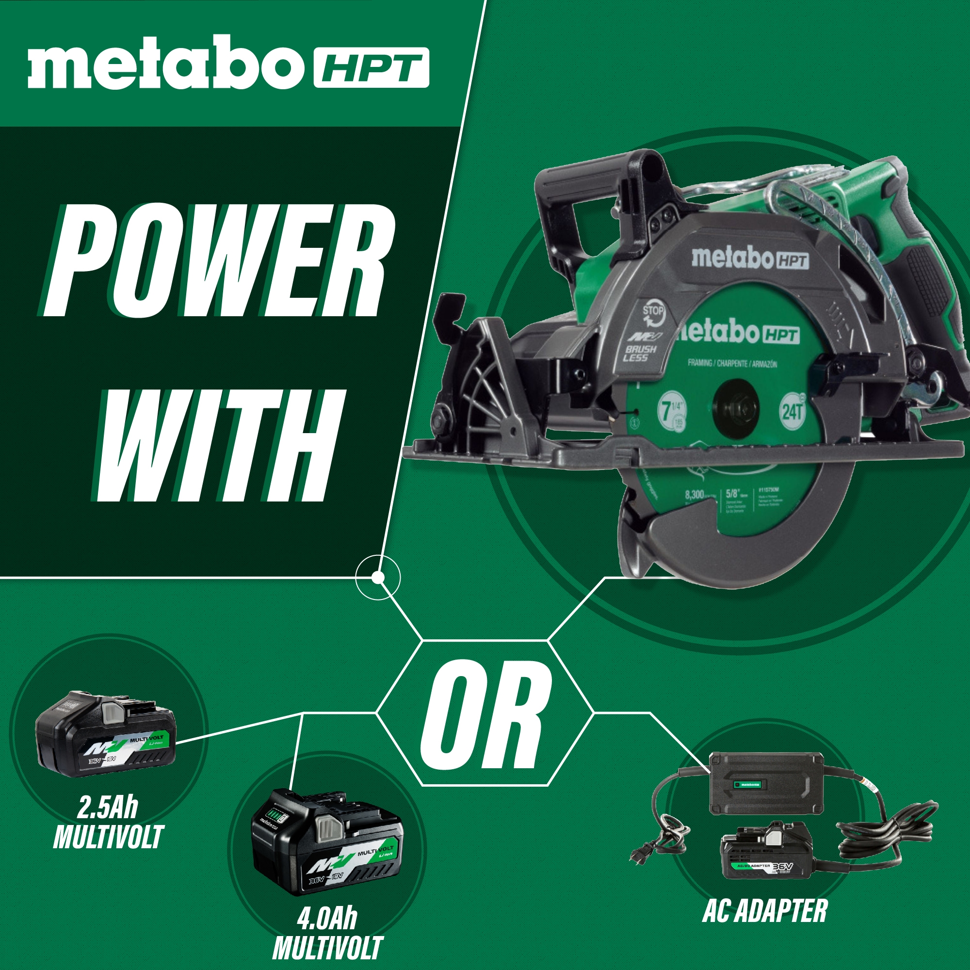 Sierra circular híbrida con capacidad multi-voltaje de 36 voltios y sin escobillas de 7-1/4 pulgadas Metabo HPT C3607DWAQ4M