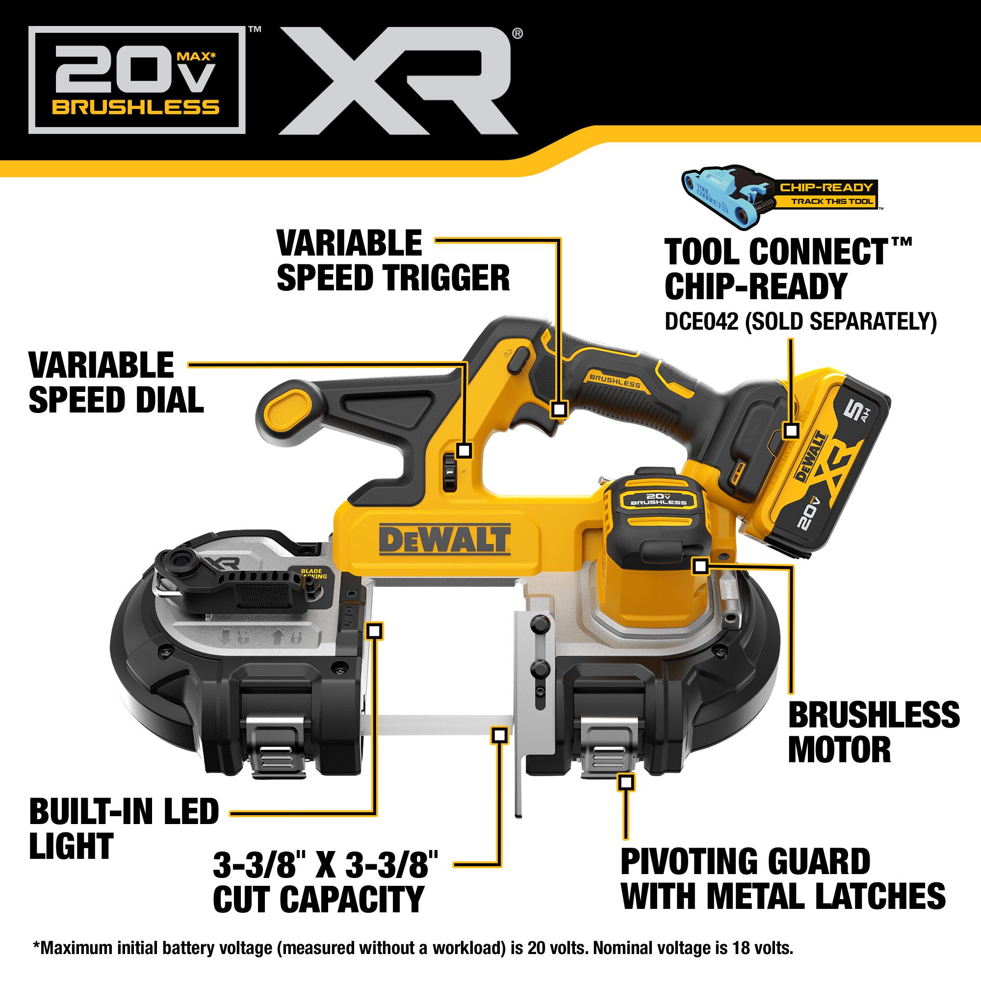 Sierra de cinta portátil DEWALT de 20 voltios y 3.375 pulgadas (batería incluida) DCS378P1
