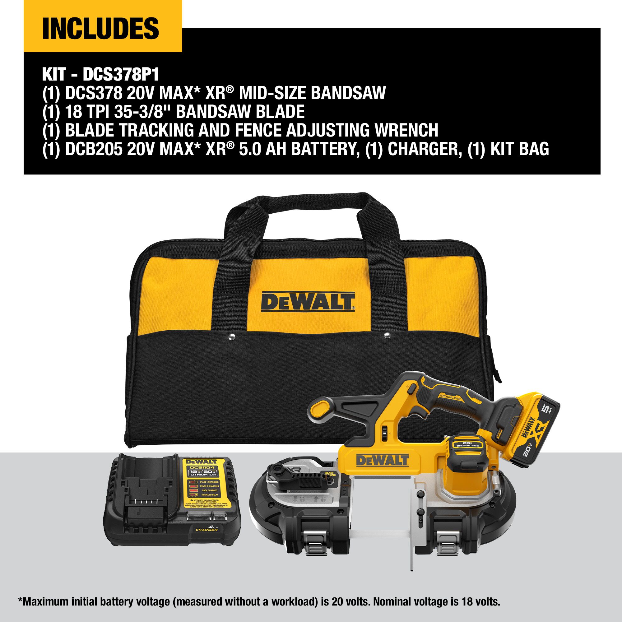 Sierra de cinta portátil DEWALT de 20 voltios y 3.375 pulgadas (batería incluida) DCS378P1