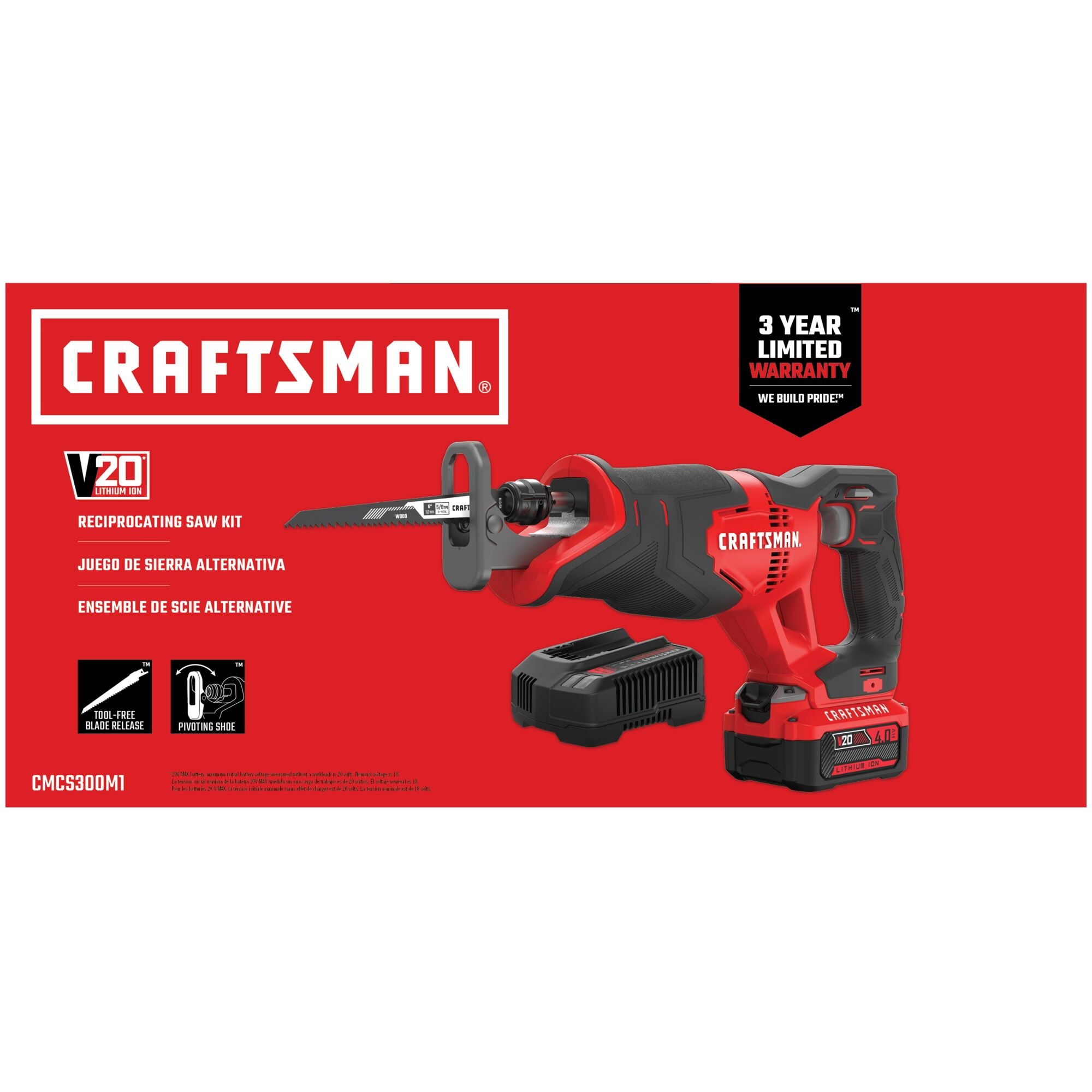 Sierra reciproca inalámbrica variable de velocidad máxima de 20 voltios CRAFTSMAN V20 (batería incluida) CMCS300M1