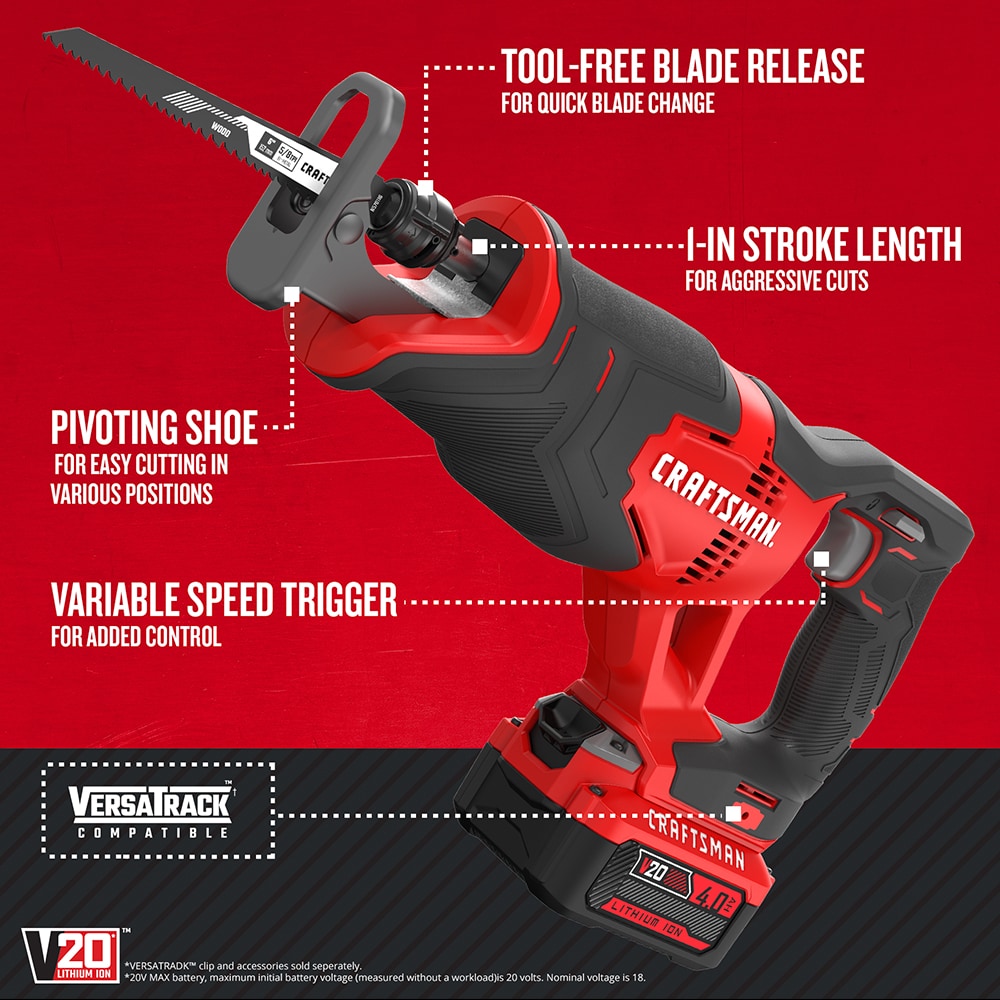 Sierra reciproca inalámbrica variable de velocidad máxima de 20 voltios CRAFTSMAN V20 (batería incluida) CMCS300M1
