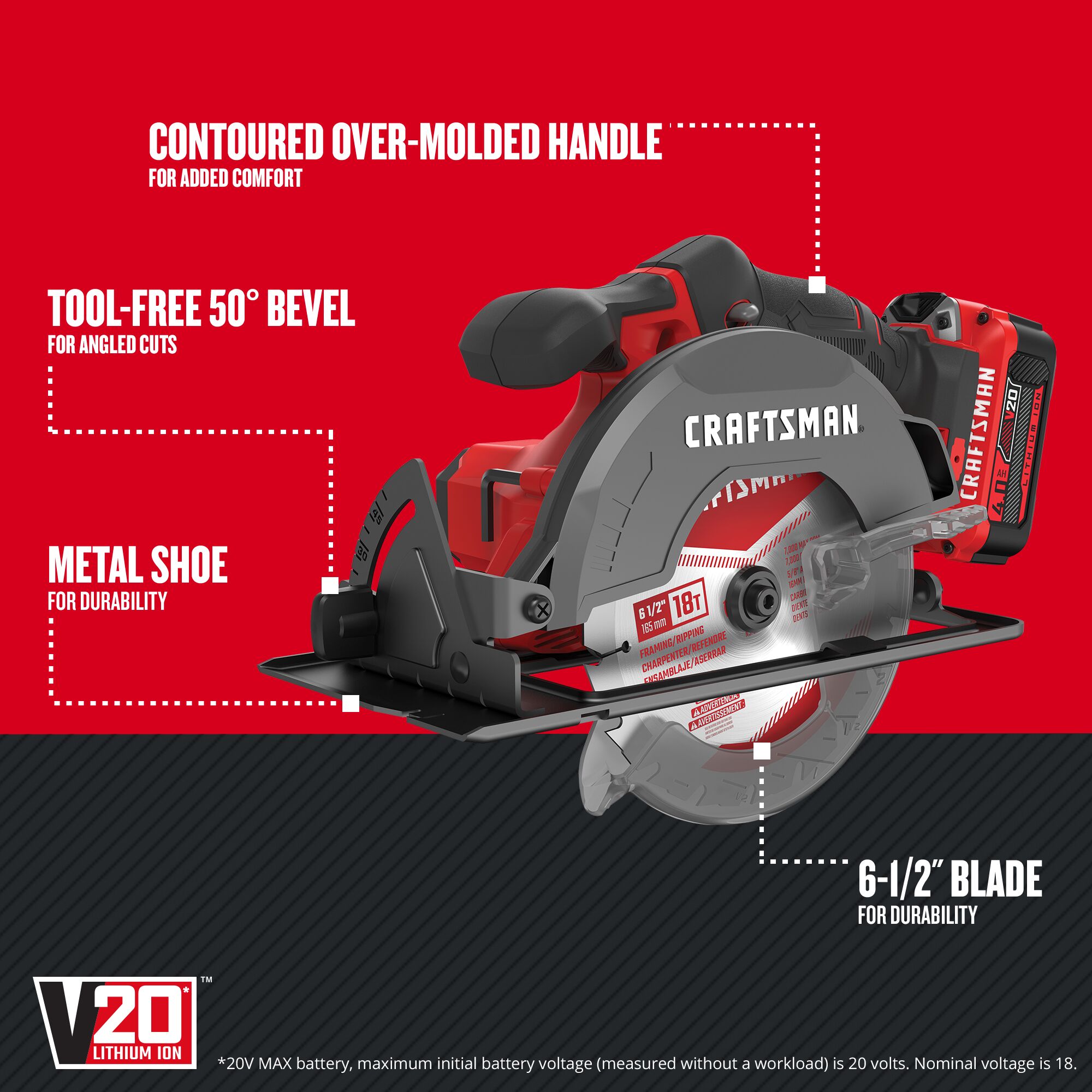 Sierra circular inalámbrica CRAFTSMAN V20 de 20 voltios, 6-1/2 pulgadas (batería incluida) CMCS500M1