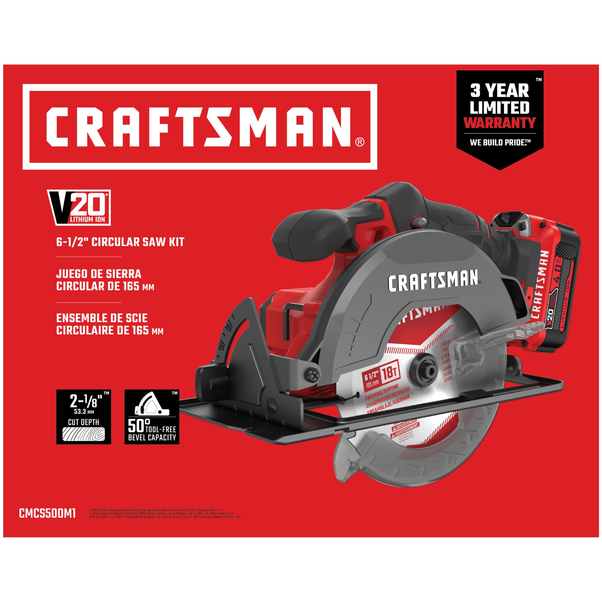 Sierra circular inalámbrica CRAFTSMAN V20 de 20 voltios, 6-1/2 pulgadas (batería incluida) CMCS500M1