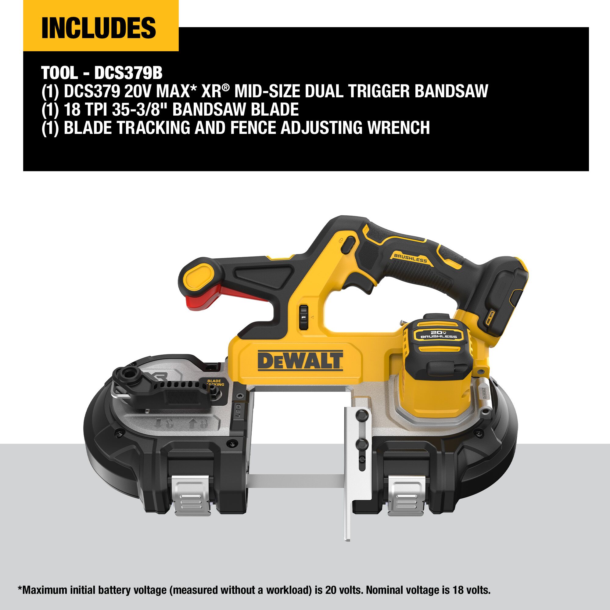 Sierra de cinta portátil DEWALT de 20 voltios con hoja de 3.375 pulgadas (batería no incluida) DCS379B