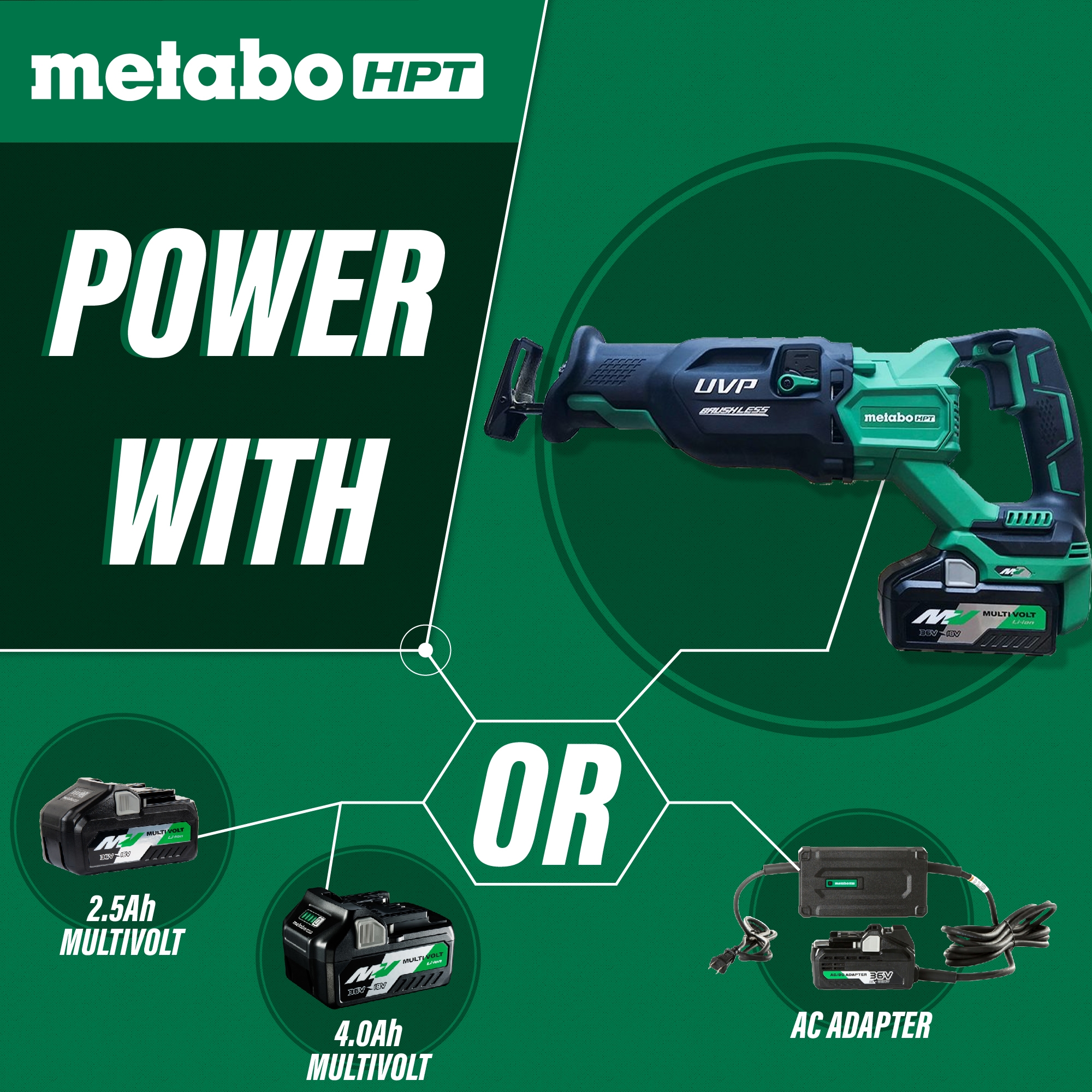 Sierra sable inalámbrica Metabo HPT MultiVolt de 36 voltios con velocidad variable y capacidad híbrida sin escobillas CR36DAQ4M