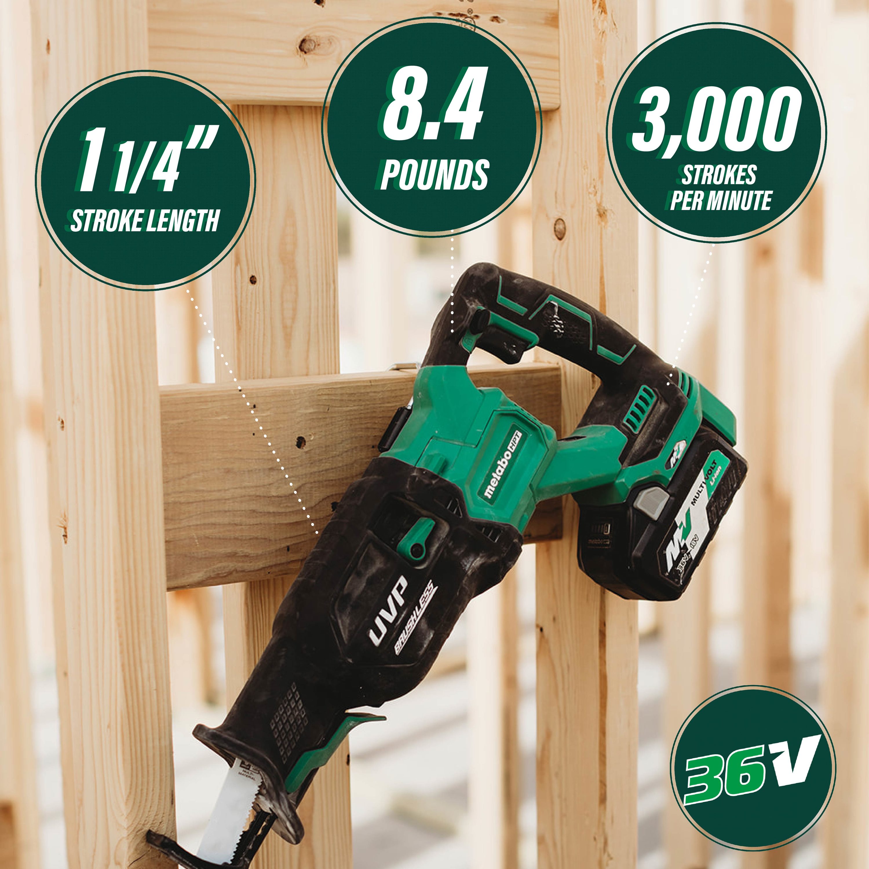 Sierra sable inalámbrica Metabo HPT MultiVolt de 36 voltios con velocidad variable y capacidad híbrida sin escobillas CR36DAQ4M