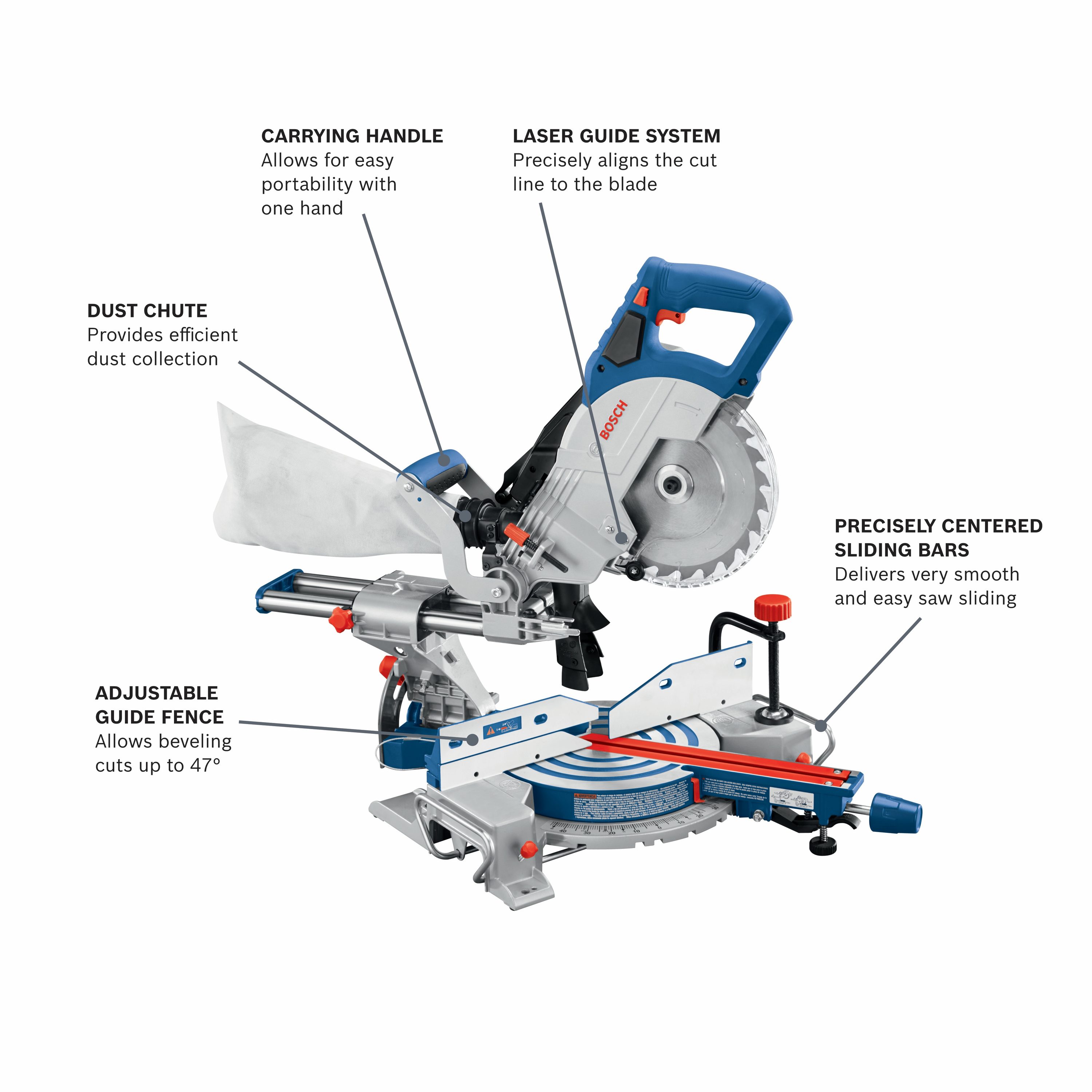 Sierra ingletadora compuesta deslizante inalámbrica de un solo bisel de 8-1/2 pulgadas y 18 voltios de Bosch con guía láser (batería incluida) GCM18V-08N14