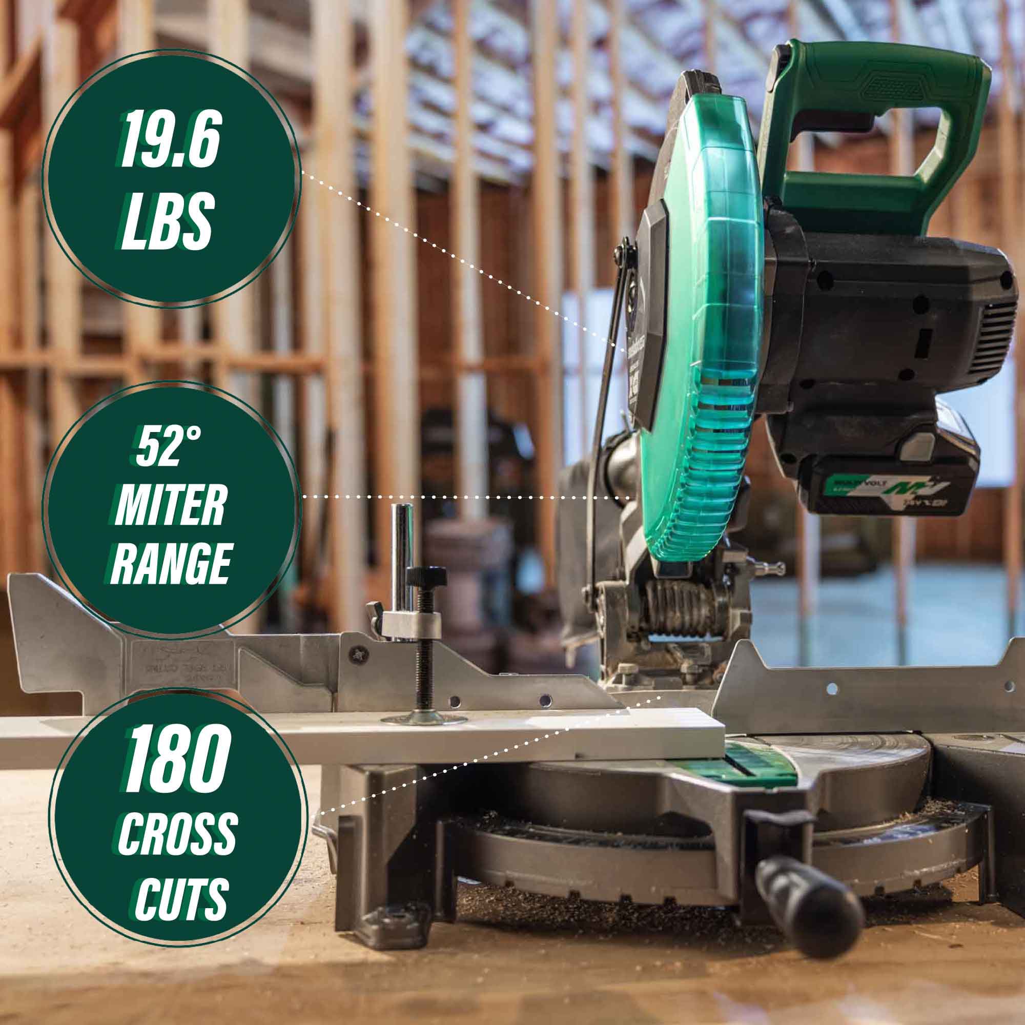 Sierra ingletadora compuesta inalámbrica Metabo HPT MultiVolt de 10 pulgadas y 18 voltios de bisel simple C1810DFAQ4M