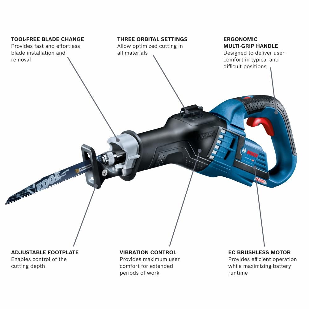 Sierra alternada inalámbrica Bosch de 18 voltios y 4 amperios de velocidad variable sin escobillas GSA18V-125N