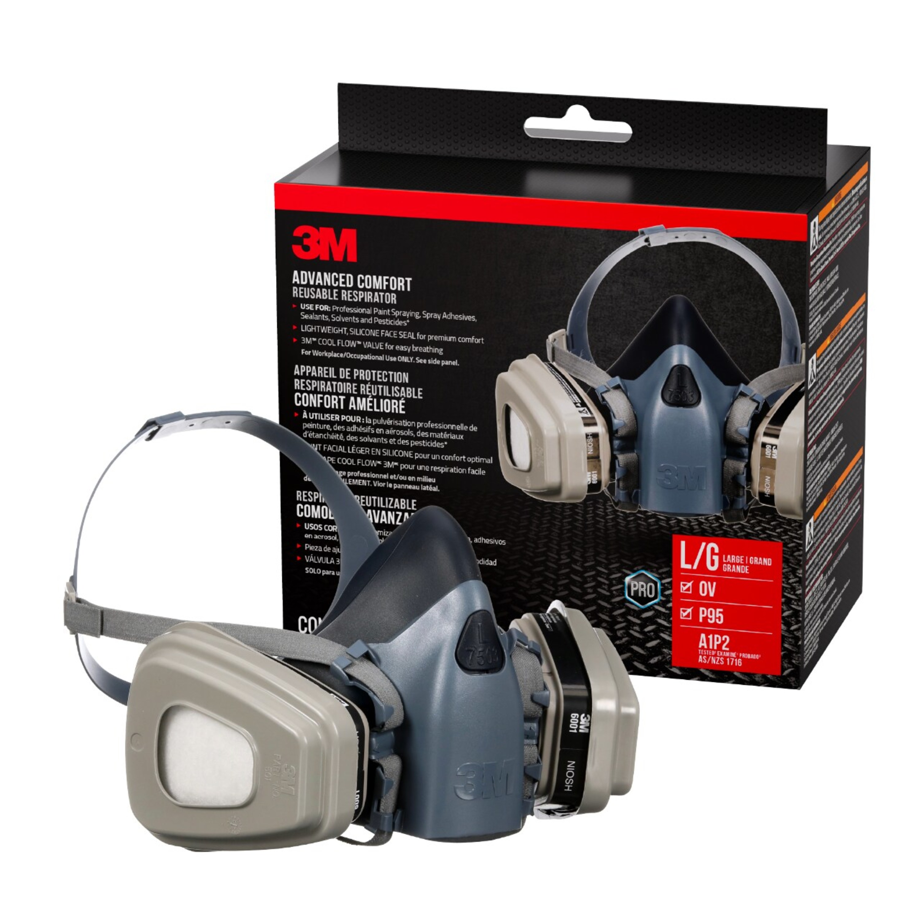 Respirador reutilizable gris 3M P95 para adultos, tamaño grande, para pintura de media cara 7513P1-DC