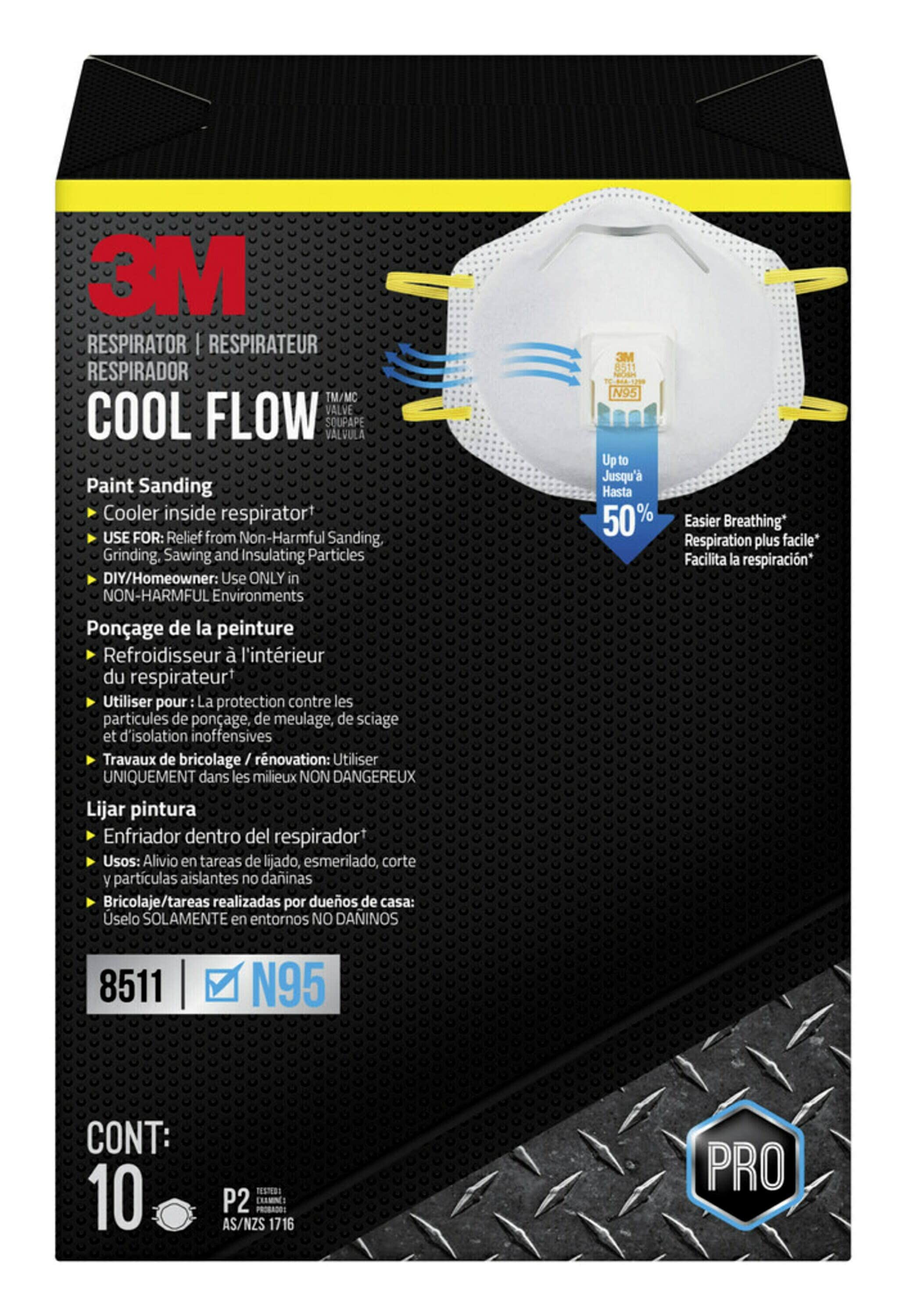 Respirador desechable blanco N95 para lijado y fibra de vidrio de 3M, paquete de 10 unidades 8511DB1-A-PS
