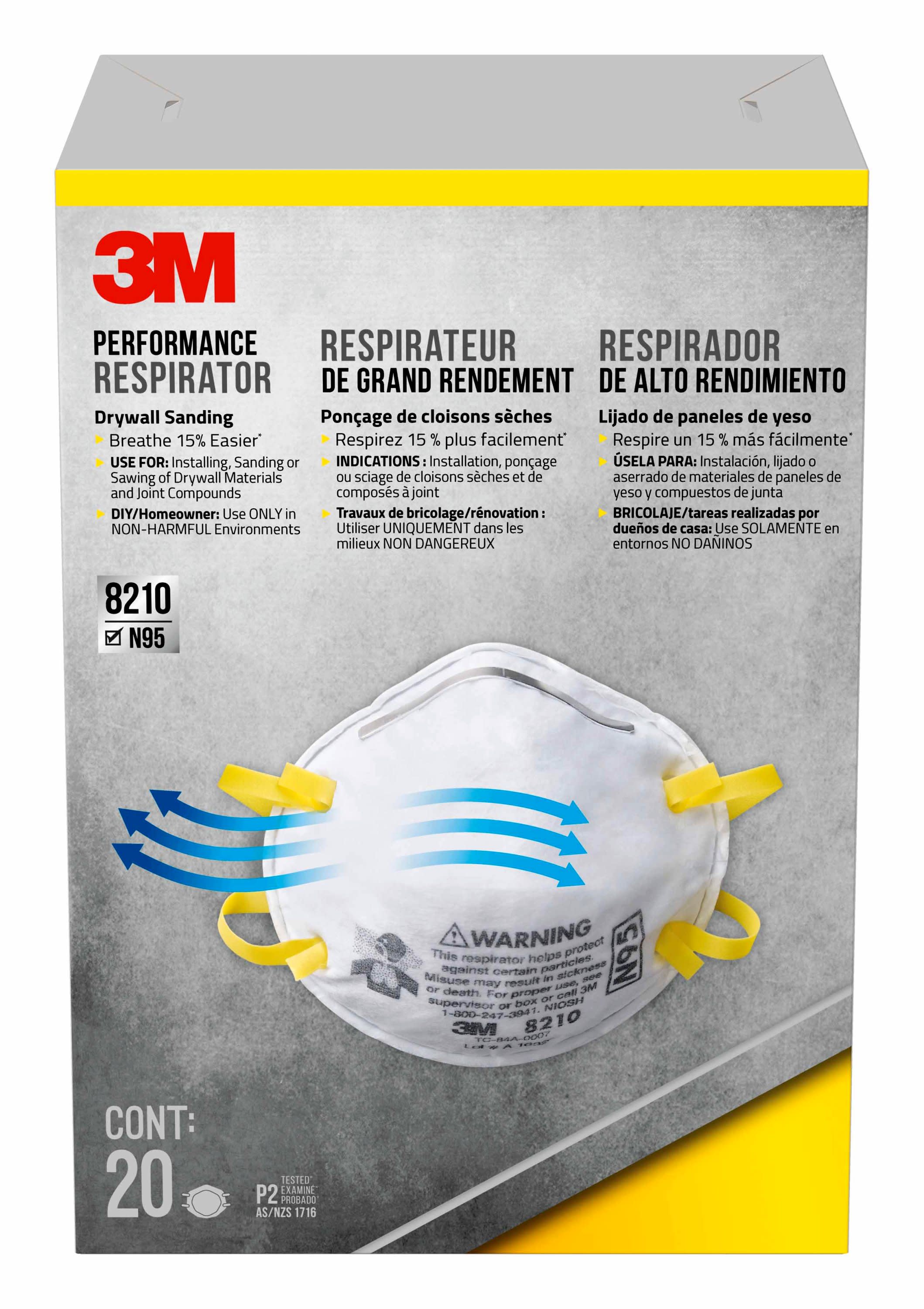 Respirador Desechable Blanco N95 para Lijado y Fibra de Vidrio en Paquete de 20 Unidades 8210DB1-A de 3M.