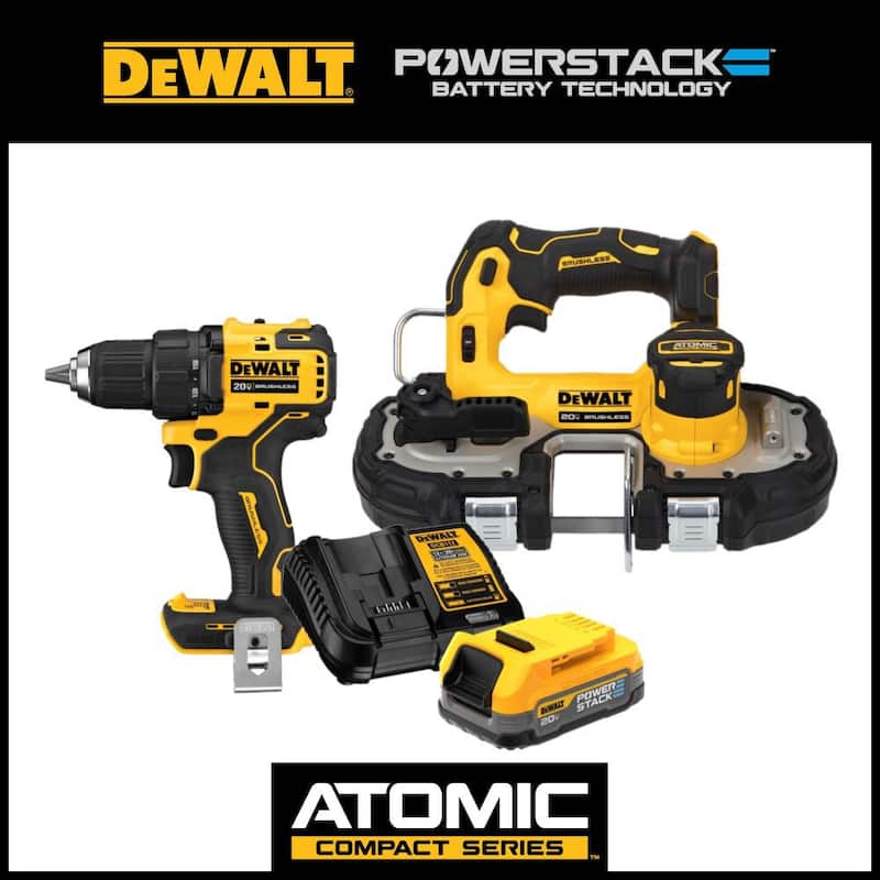 DEWALT ATOMIC 20V Taladro/destornillador compacto inalámbrico sin escobillas de 1/2 pulgadas, Sierra de cinta de 20V de 1-3/4 pulgadas y Kit de inicio de batería 20V POWERSTACK - DCD708BW377034C.