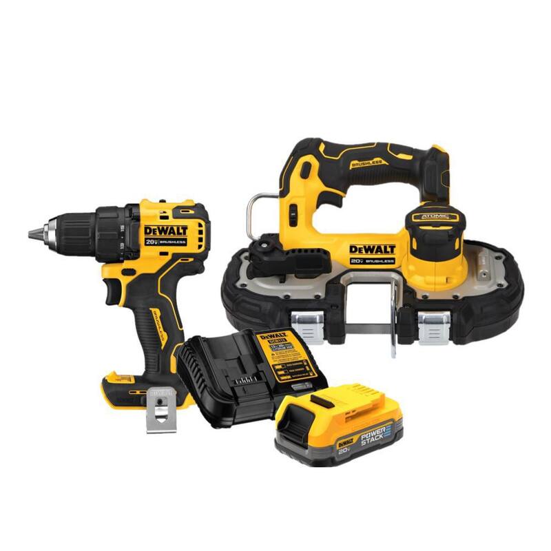 DEWALT ATOMIC 20V Taladro/destornillador compacto inalámbrico sin escobillas de 1/2 pulgadas, Sierra de cinta de 20V de 1-3/4 pulgadas y Kit de inicio de batería 20V POWERSTACK - DCD708BW377034C.