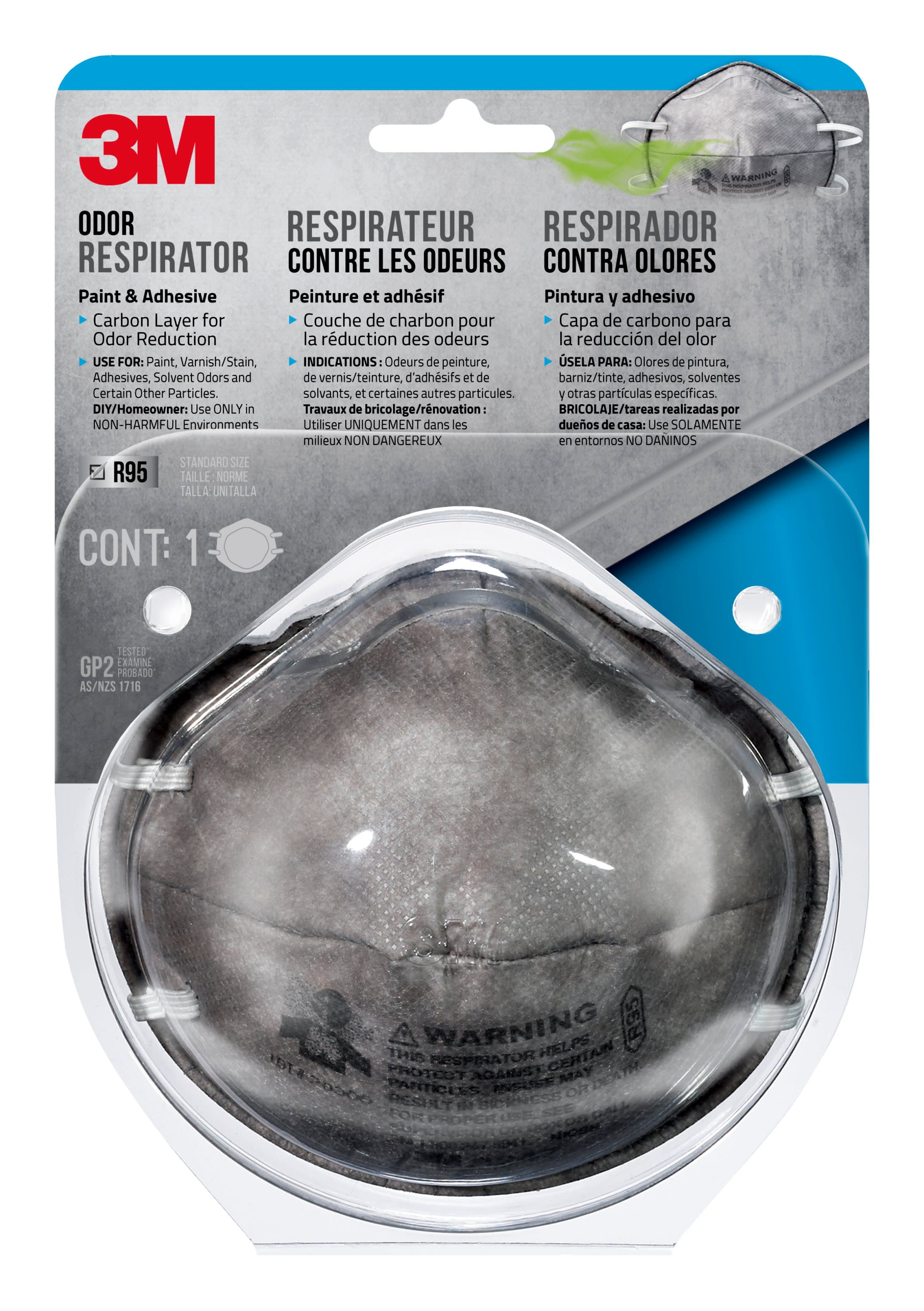 Respirador desechable gris 3M R95 para pintura, lijado y fibra de vidrio 8247P1-DC