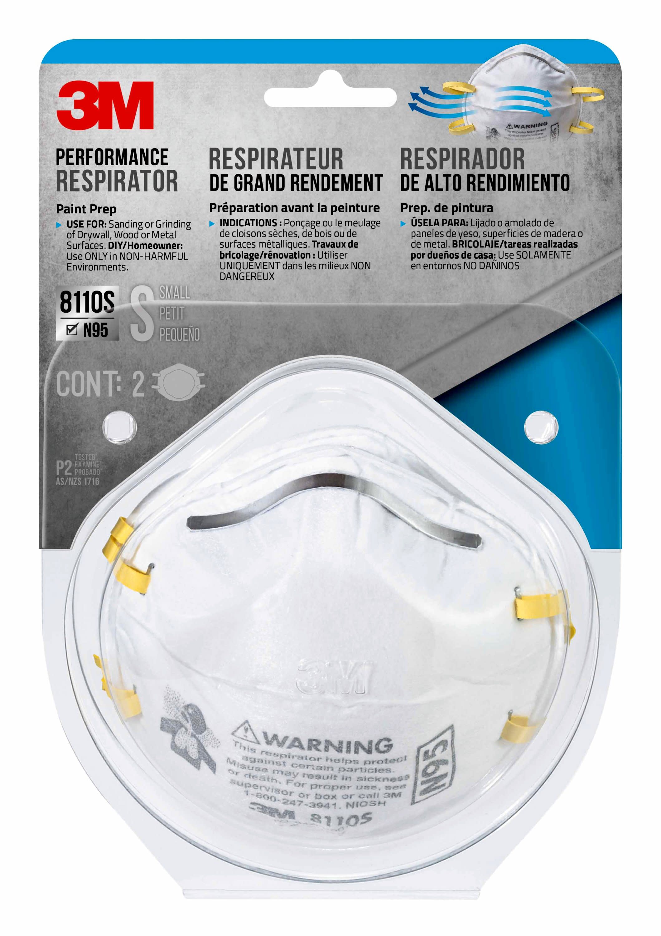 Respirador desechable 3M Performance 2-Pack Blanco N95 para adulto pequeño, para lijado y fibra de vidrio - 8110SP2-DC