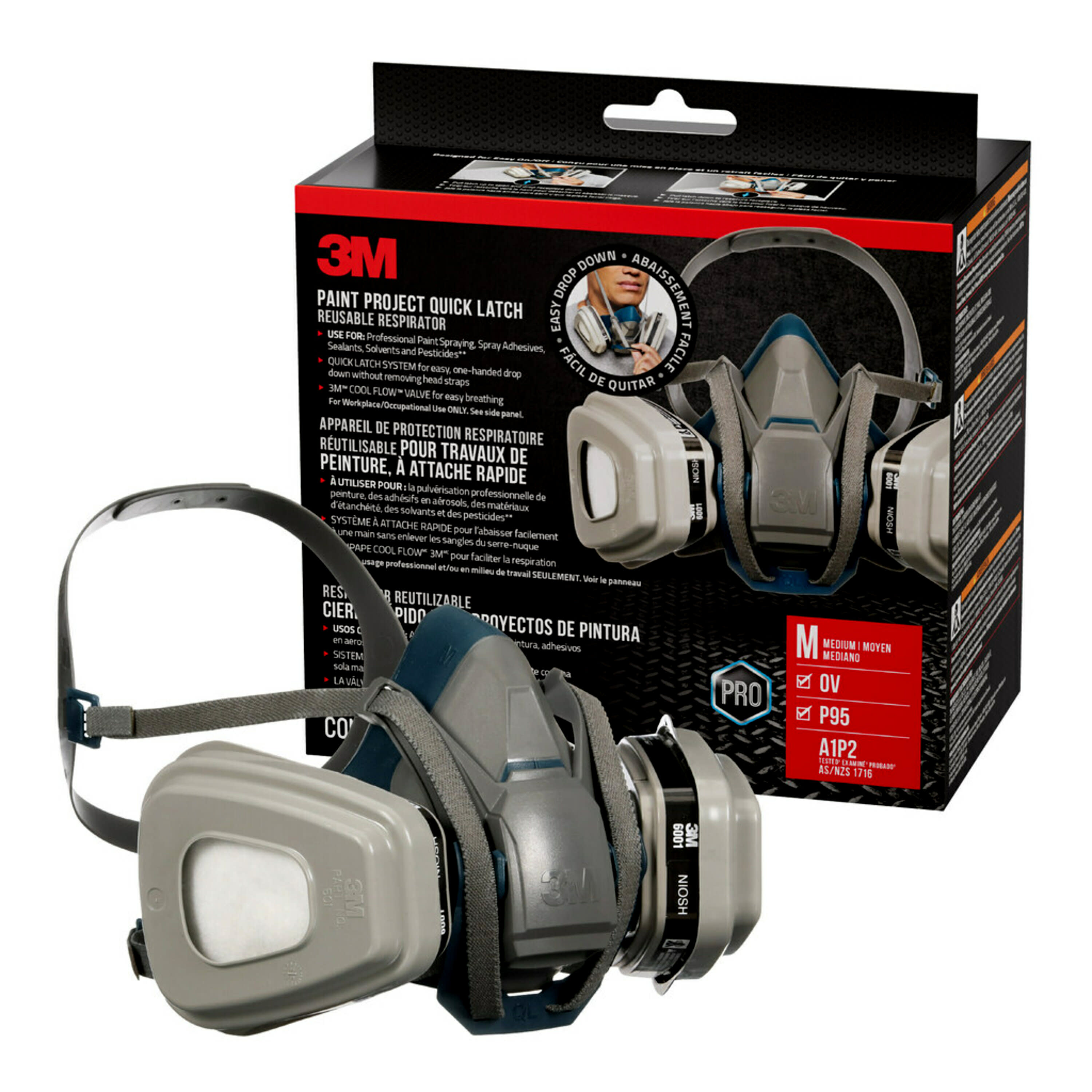 Respirador de media cara reutilizable 3M gris P95 para pintura, tamaño mediano, para adulto 6502QLP1-DC