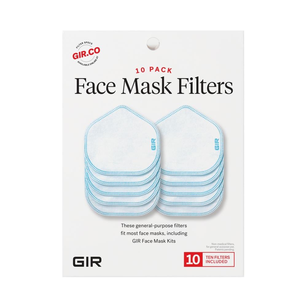 Paquete de 10 cubrebocas desechables universales GIR con cuatro capas de material: dos capas exteriores de polipropileno no tejido y dos capas interiores de tela no tejida fundida. Talla única. Cartucho/filtro todo uso. GIRFMR10WHT