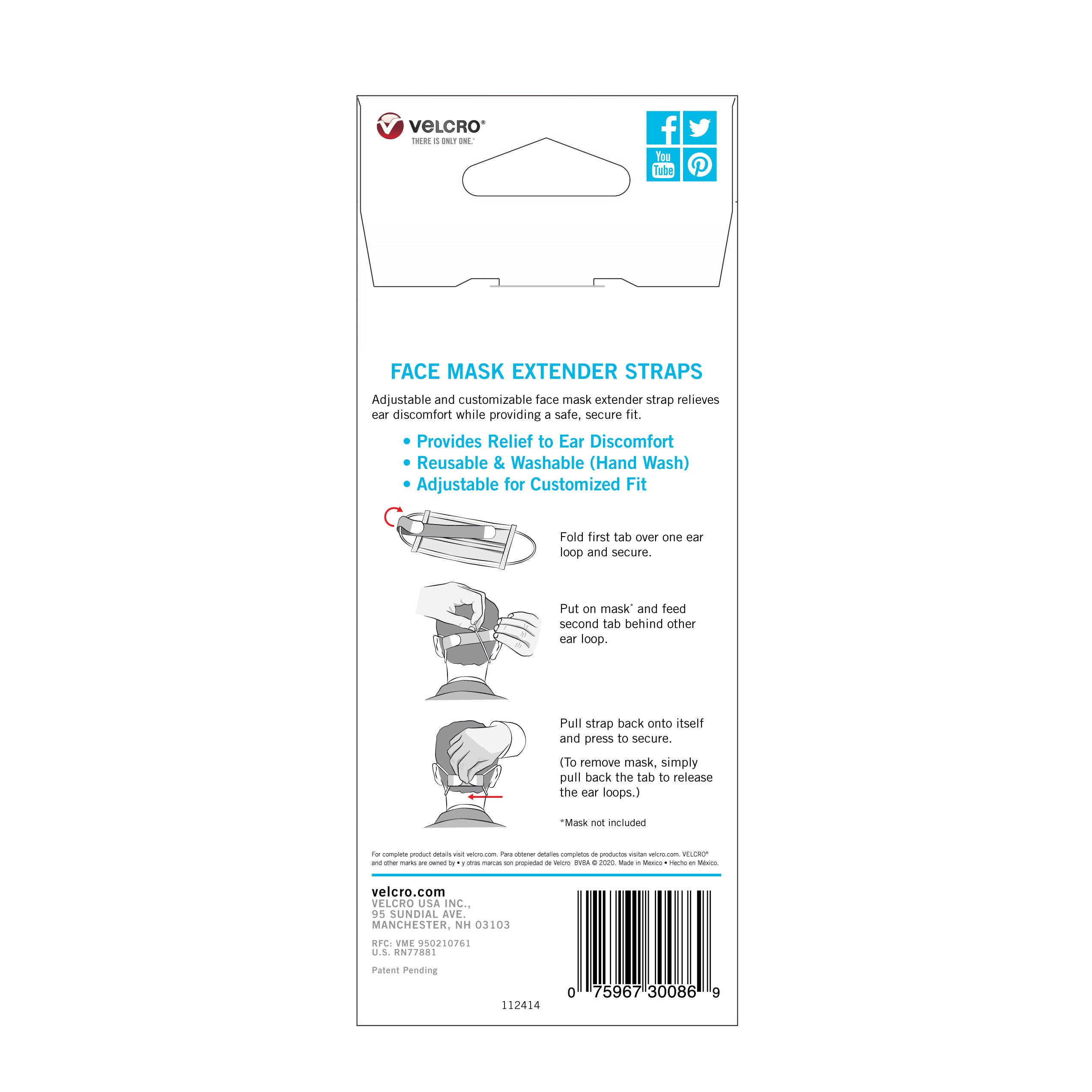 Extensor de mascarilla multiusos de nylon reutilizable VELCRO Brand 4-Pack, talla única, no clasificado VEL-30086ACS-USA