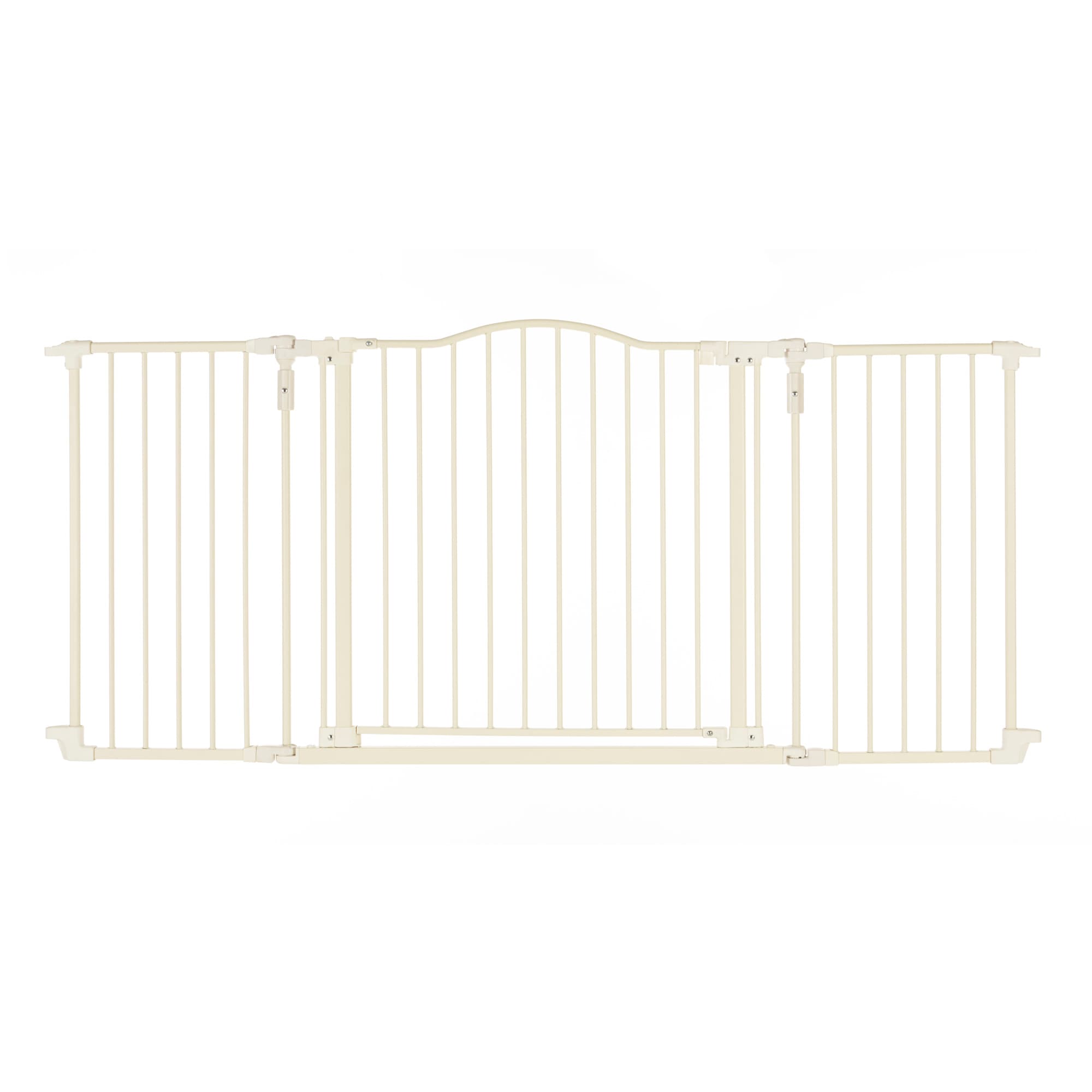 Barrera de seguridad metálica montada con accesorios Toddleroo de North States de 72 pulgadas x 30 pulgadas en color blanco cálido (4954S)