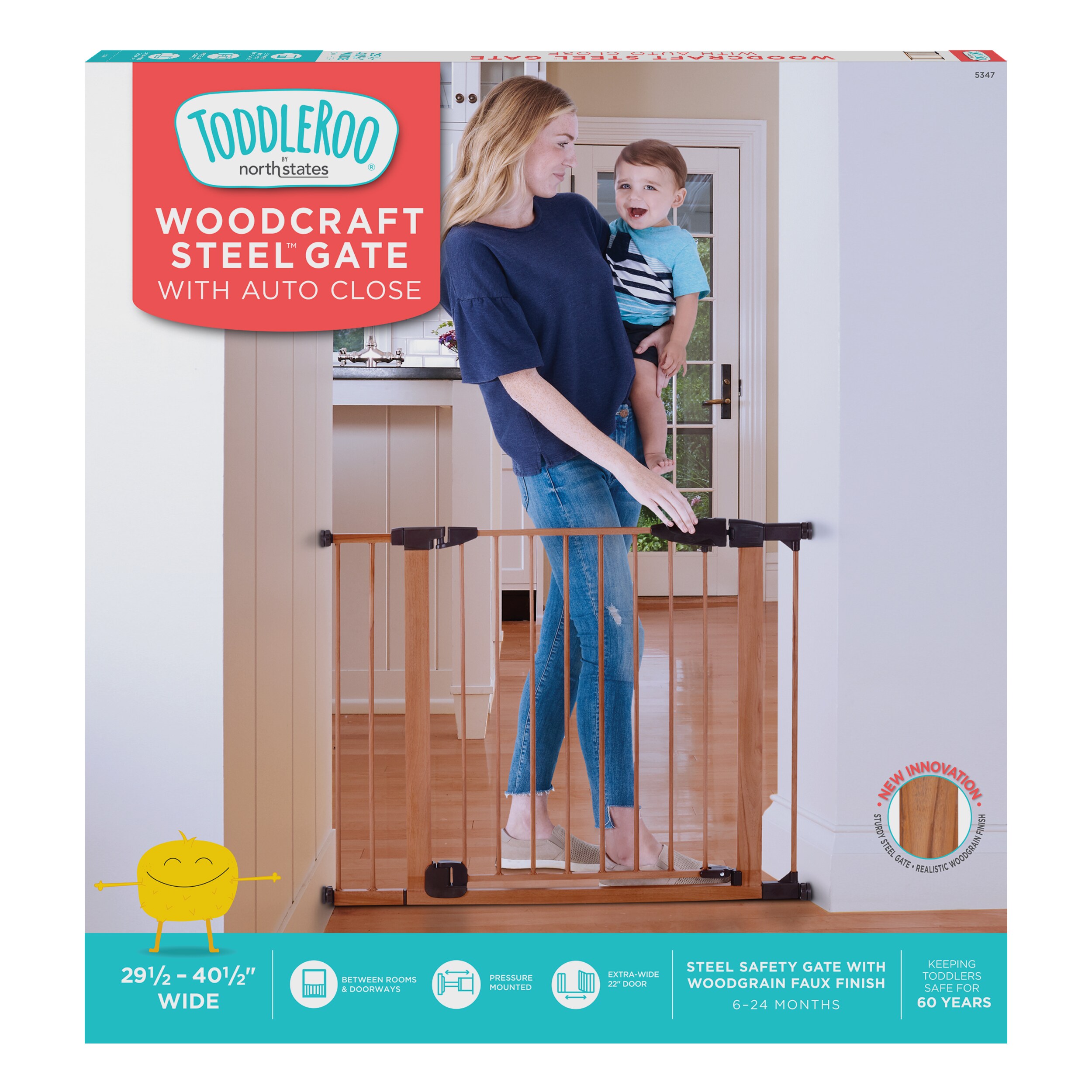 Puerta de seguridad metálica marrón y café oscuro montada a presión de 40.5 pulgadas x 30 pulgadas para niños pequeños Toddleroo by North States 5348