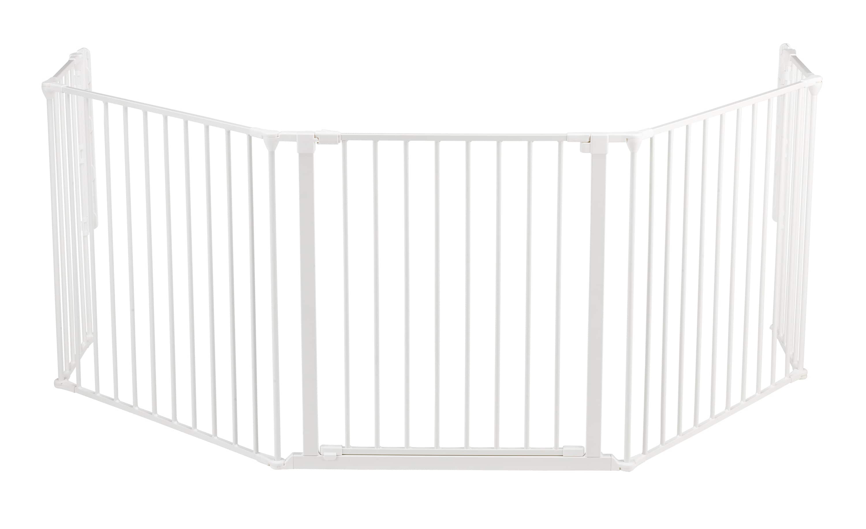 Barrera de seguridad metálica blanca BabyDan montada con hardware de 109.5 pulgadas x 28 pulgadas SG-FXL104-W