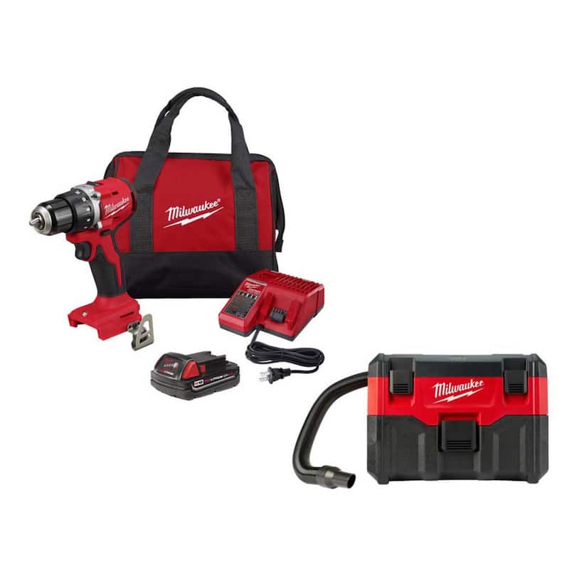 Milwaukee M18 Taladro/destornillador compacto inalámbrico sin escobillas de 18 V de iones de litio con (1) batería de 2.0Ah, cargador y bolsa con aspiradora M18 de 2 galones - 3601-21P-0880-20