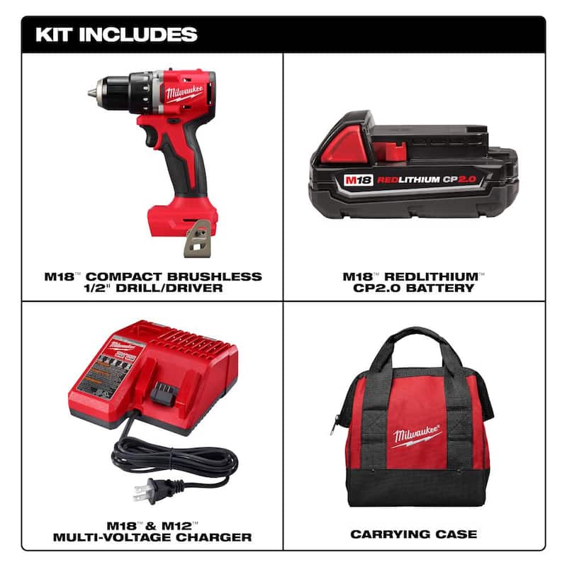 Milwaukee M18 Taladro/destornillador compacto inalámbrico sin escobillas de 18 V de iones de litio con (1) batería de 2.0Ah, cargador y bolsa con aspiradora M18 de 2 galones - 3601-21P-0880-20