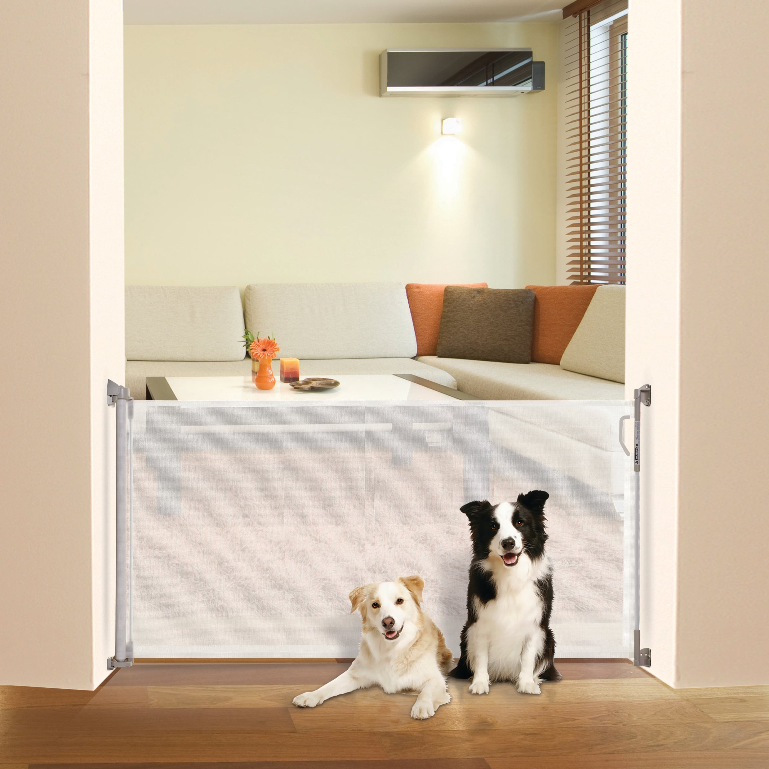 Barrera de seguridad retráctil de plástico blanco montada con herrajes de 55 pulgadas x 34 pulgadas Dreambaby L820