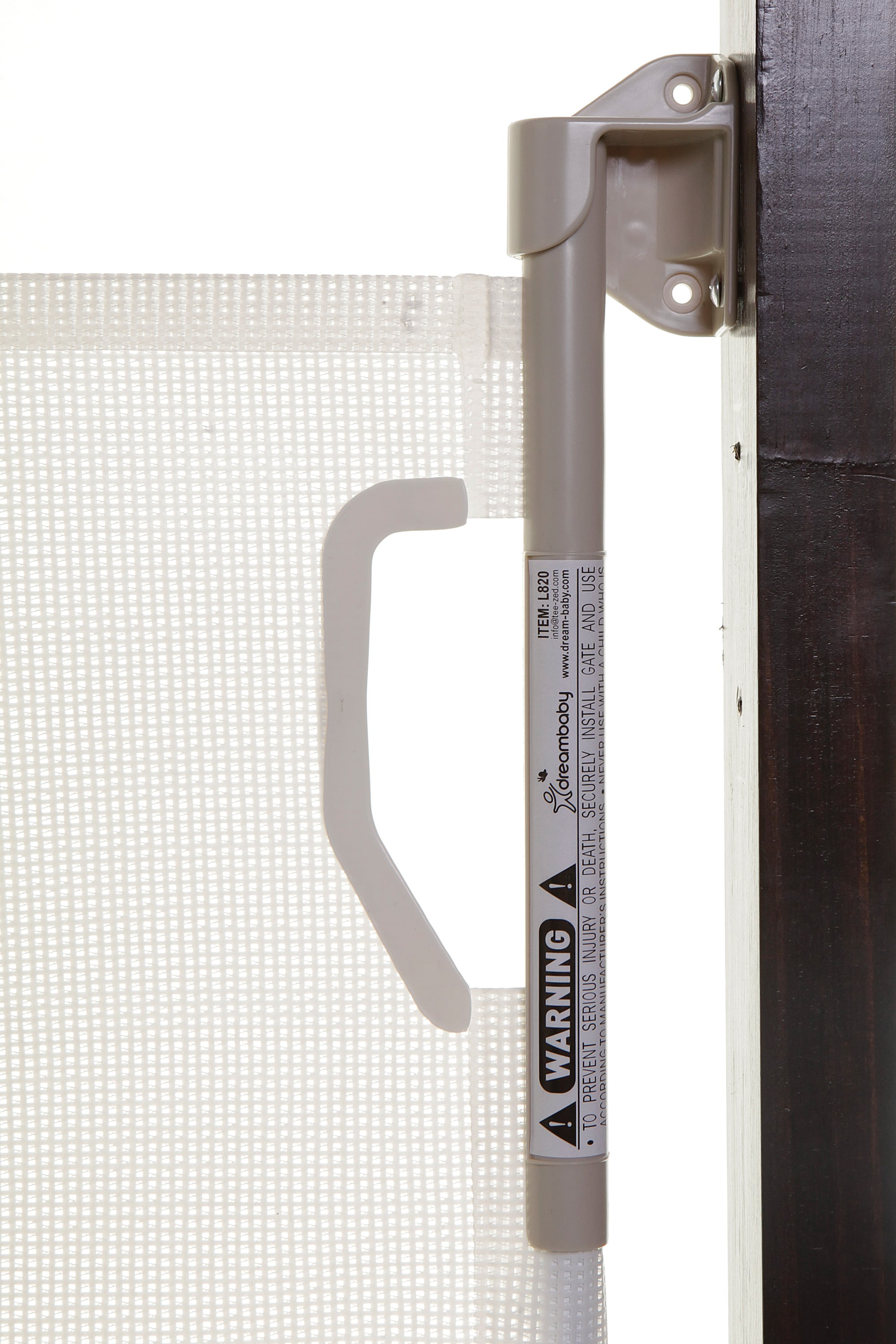 Barrera de seguridad retráctil de plástico blanco montada con herrajes de 55 pulgadas x 34 pulgadas Dreambaby L820