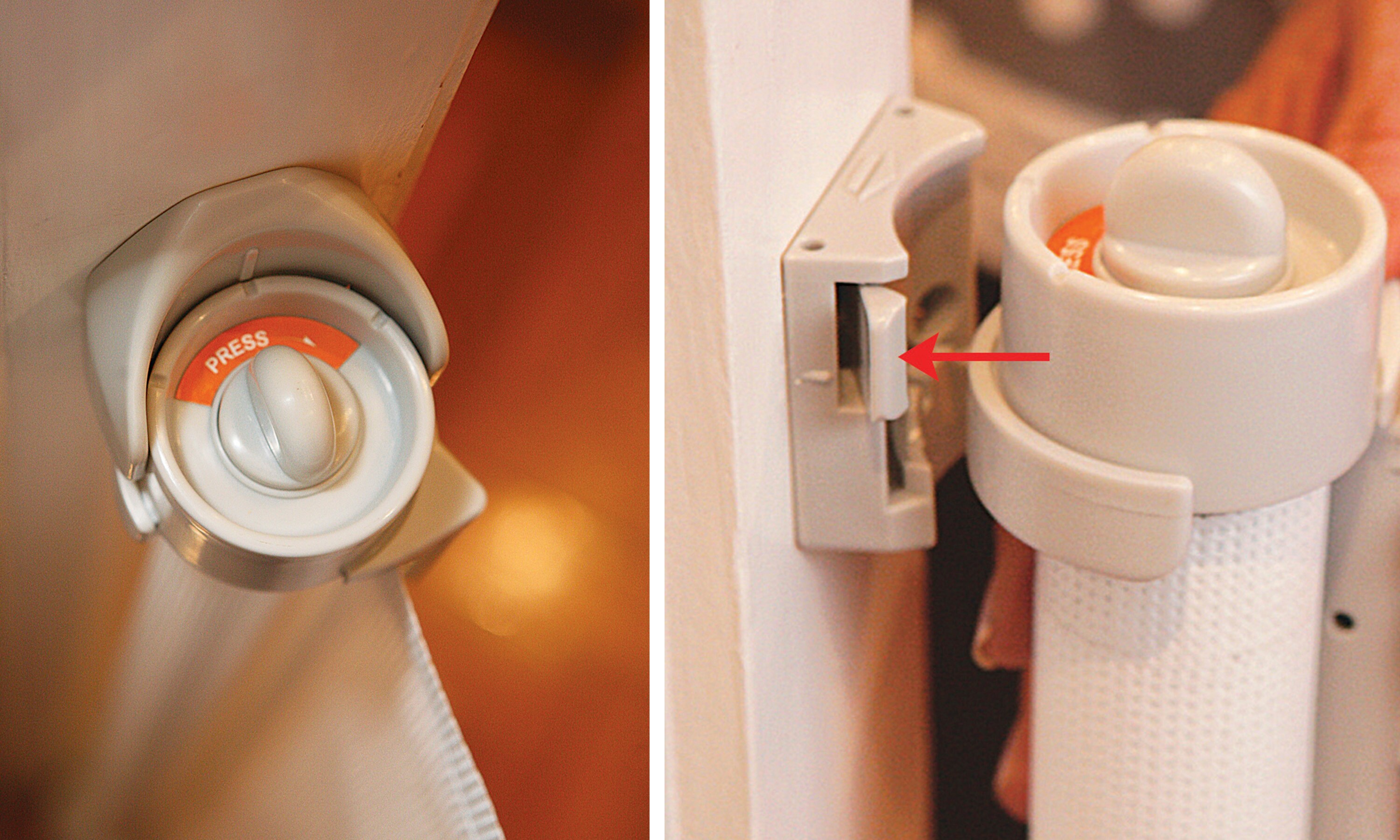 Barrera de seguridad retráctil de plástico blanco montada con herrajes de 55 pulgadas x 34 pulgadas Dreambaby L820