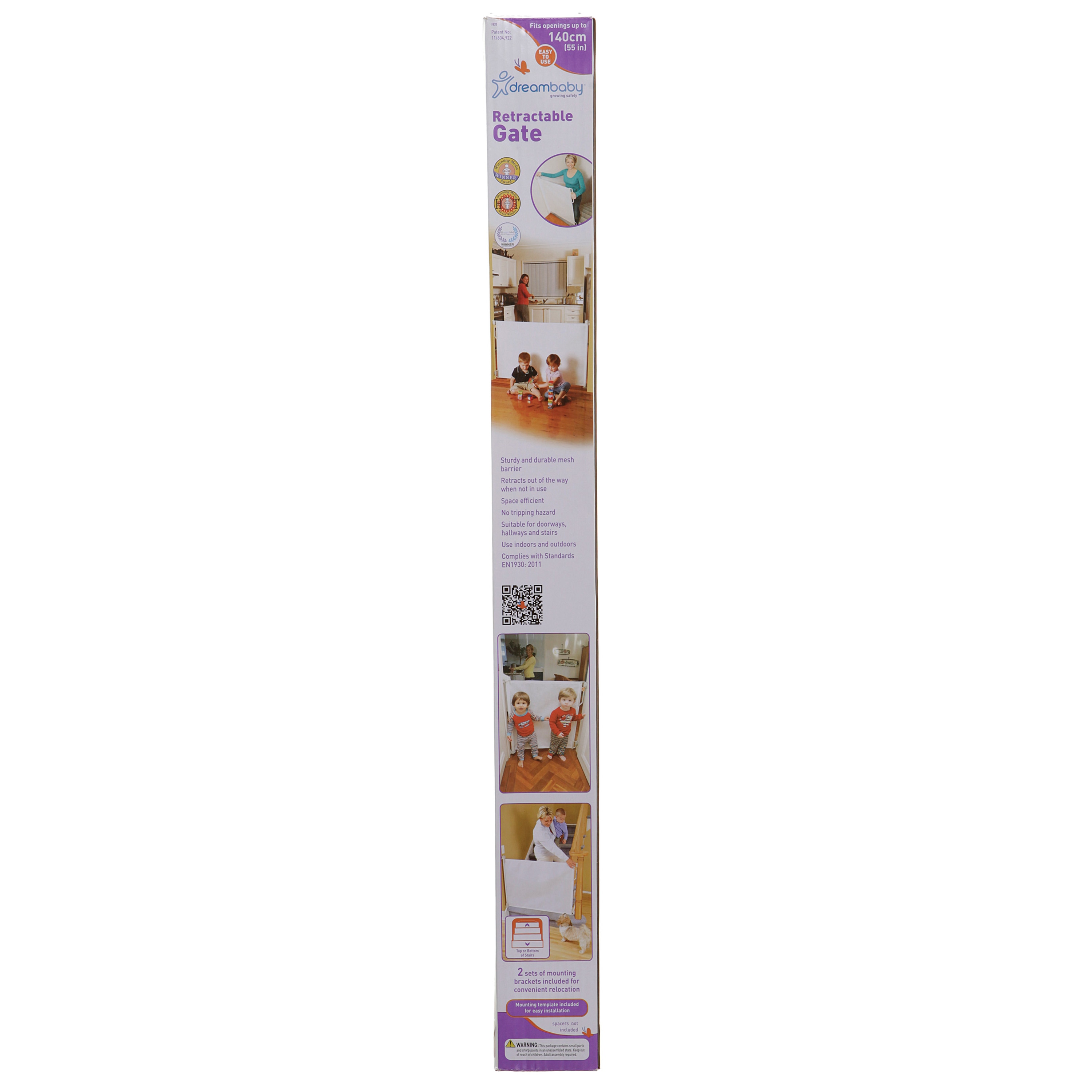 Barrera de seguridad retráctil de plástico blanco montada con herrajes de 55 pulgadas x 34 pulgadas Dreambaby L820