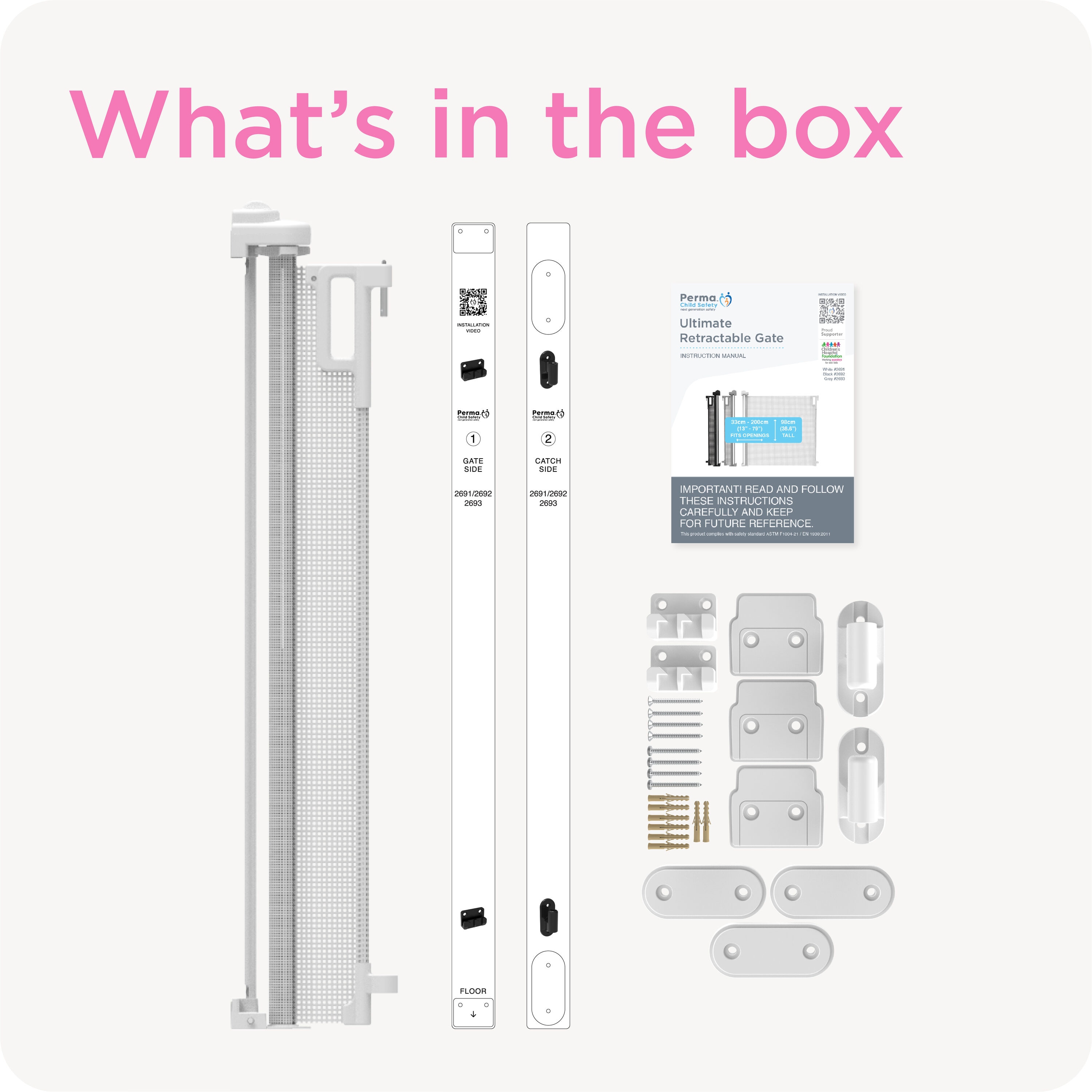 Puerta de seguridad para bebés retráctil definitiva de Perma Child Safety, montaje con hardware, 79 pulgadas x 38.6 pulgadas, color blanco.