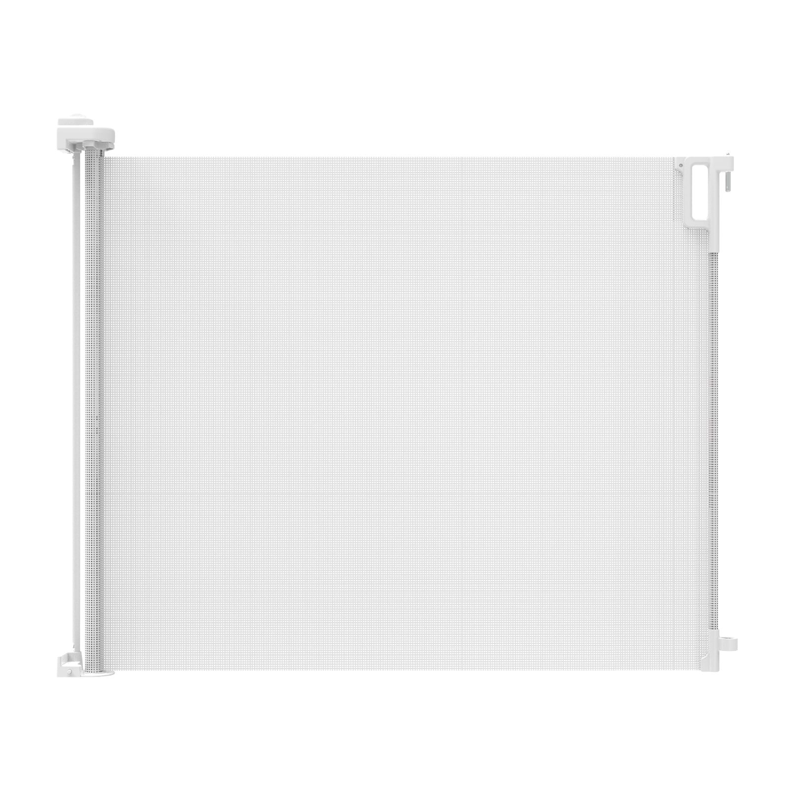 Puerta de seguridad para bebés retráctil definitiva de Perma Child Safety, montaje con hardware, 79 pulgadas x 38.6 pulgadas, color blanco.