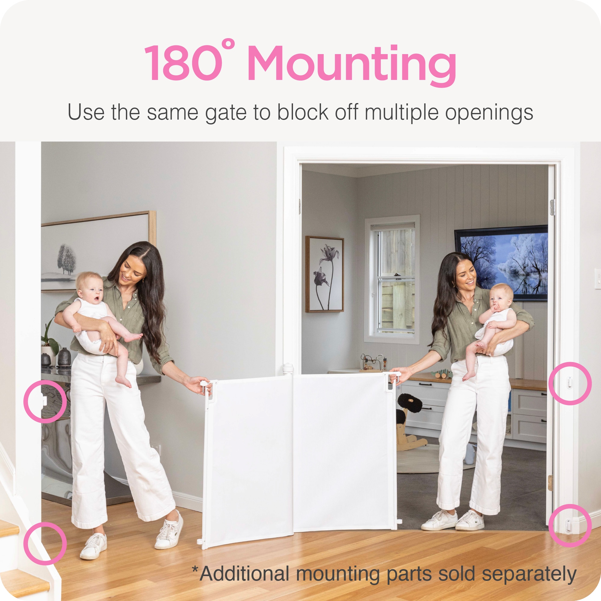 Puerta de seguridad para bebés retráctil definitiva de Perma Child Safety, montaje con hardware, 79 pulgadas x 38.6 pulgadas, color blanco.