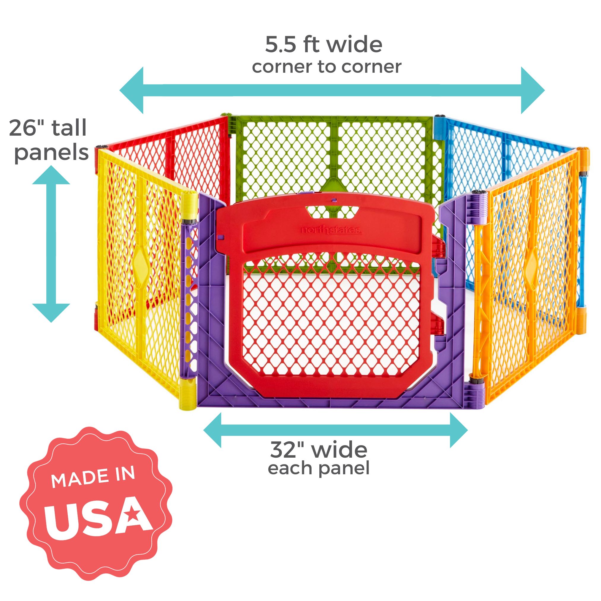 Parque de juegos de seguridad de plástico multicolor de 60 pulgadas x 26 pulgadas con puerta, Toddleroo de North States 8751
