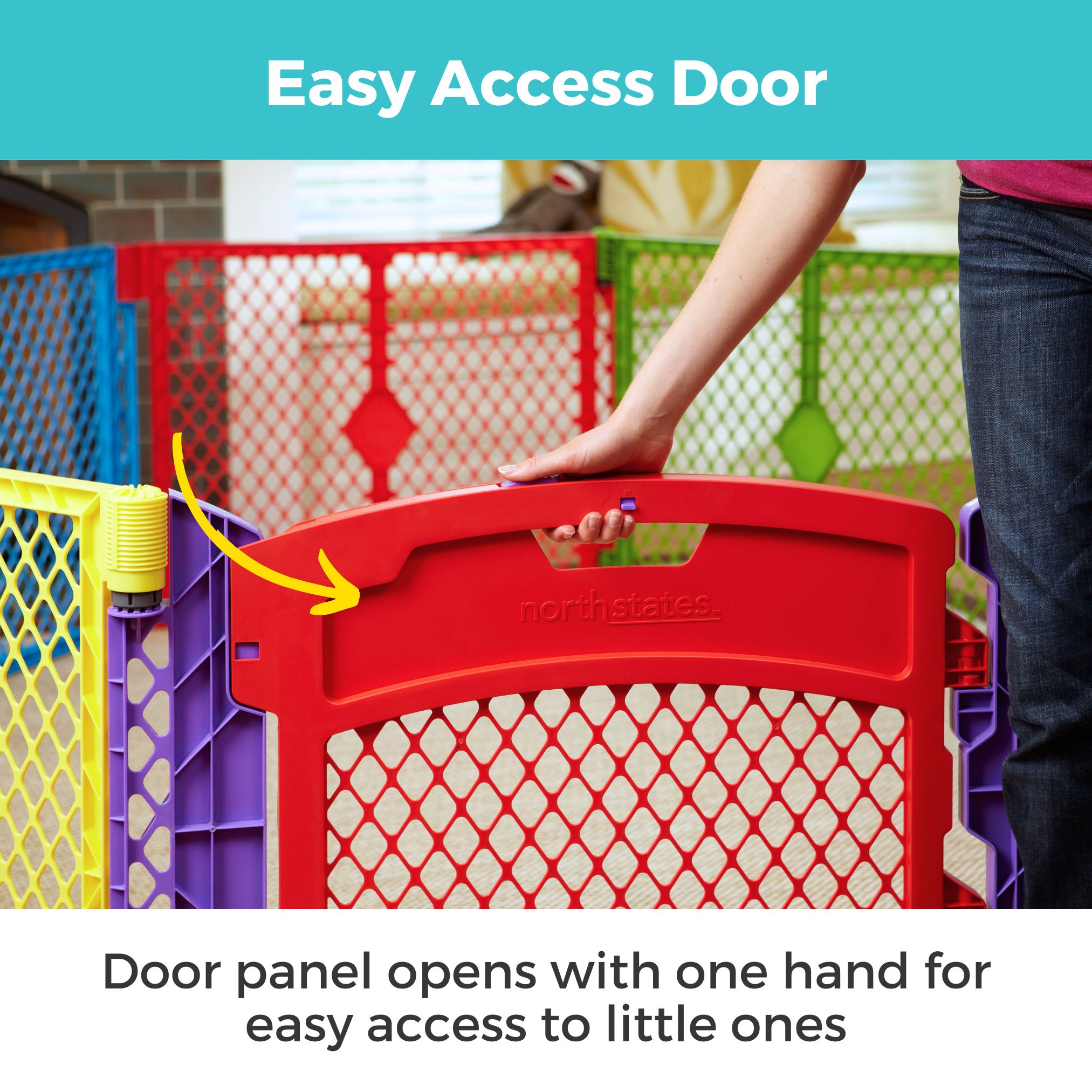 Parque de juegos de seguridad de plástico multicolor de 60 pulgadas x 26 pulgadas con puerta, Toddleroo de North States 8751