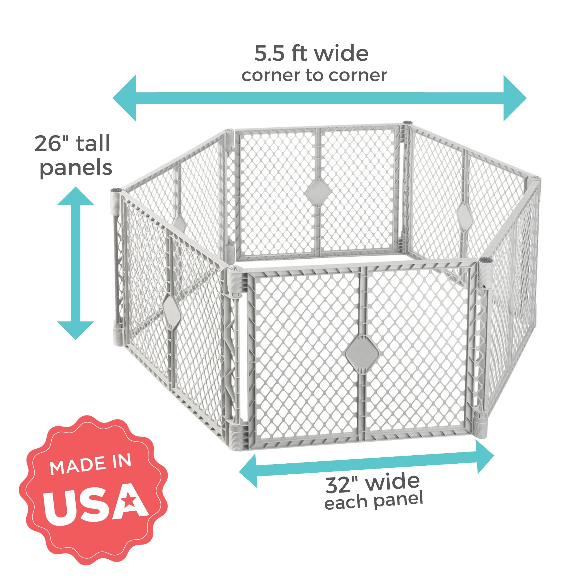 Corral de juegos de seguridad de plástico gris claro de 192 pulgadas x 26 pulgadas con puerta Toddleroo de North States 8669