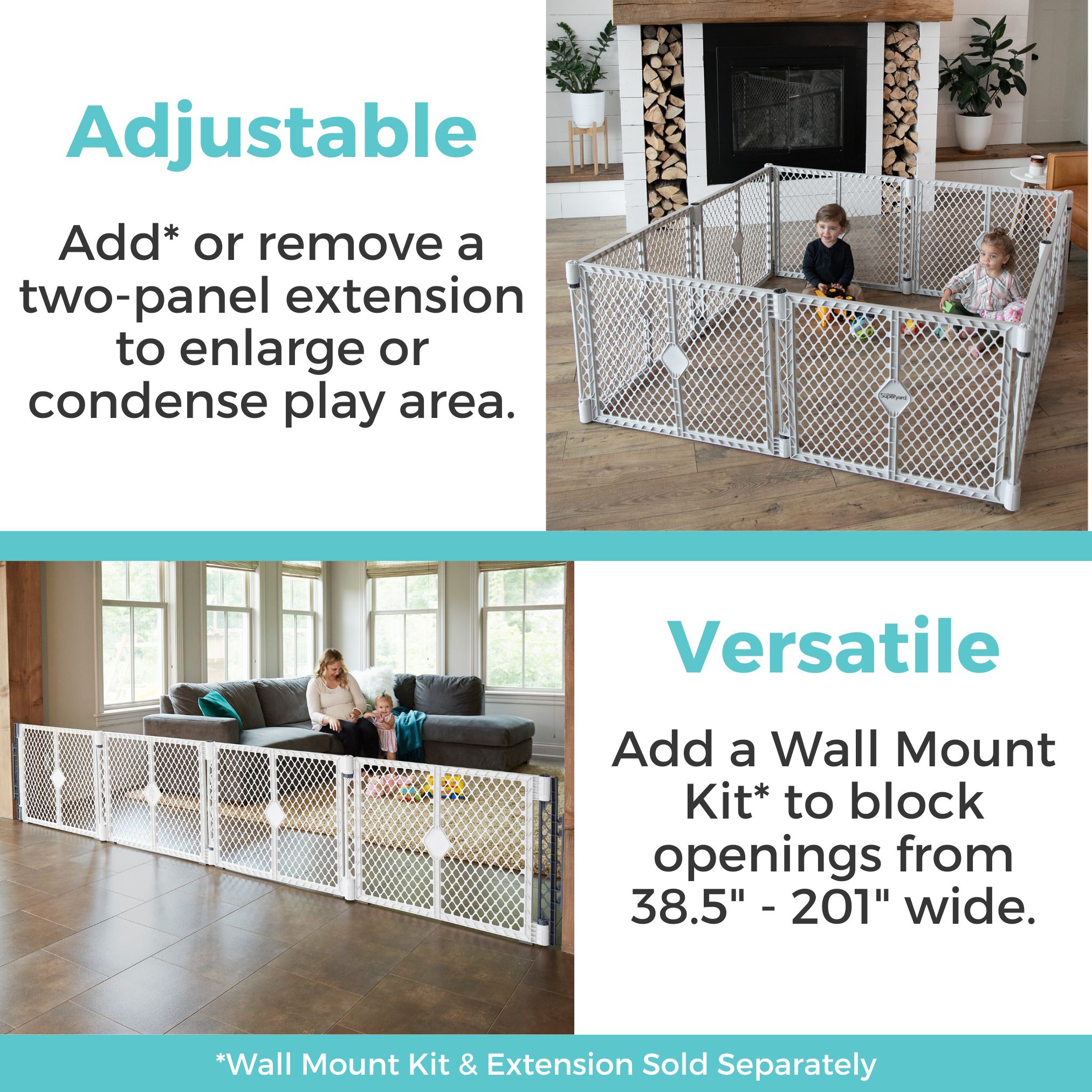 Corral de juegos de seguridad de plástico gris claro de 192 pulgadas x 26 pulgadas con puerta Toddleroo de North States 8669