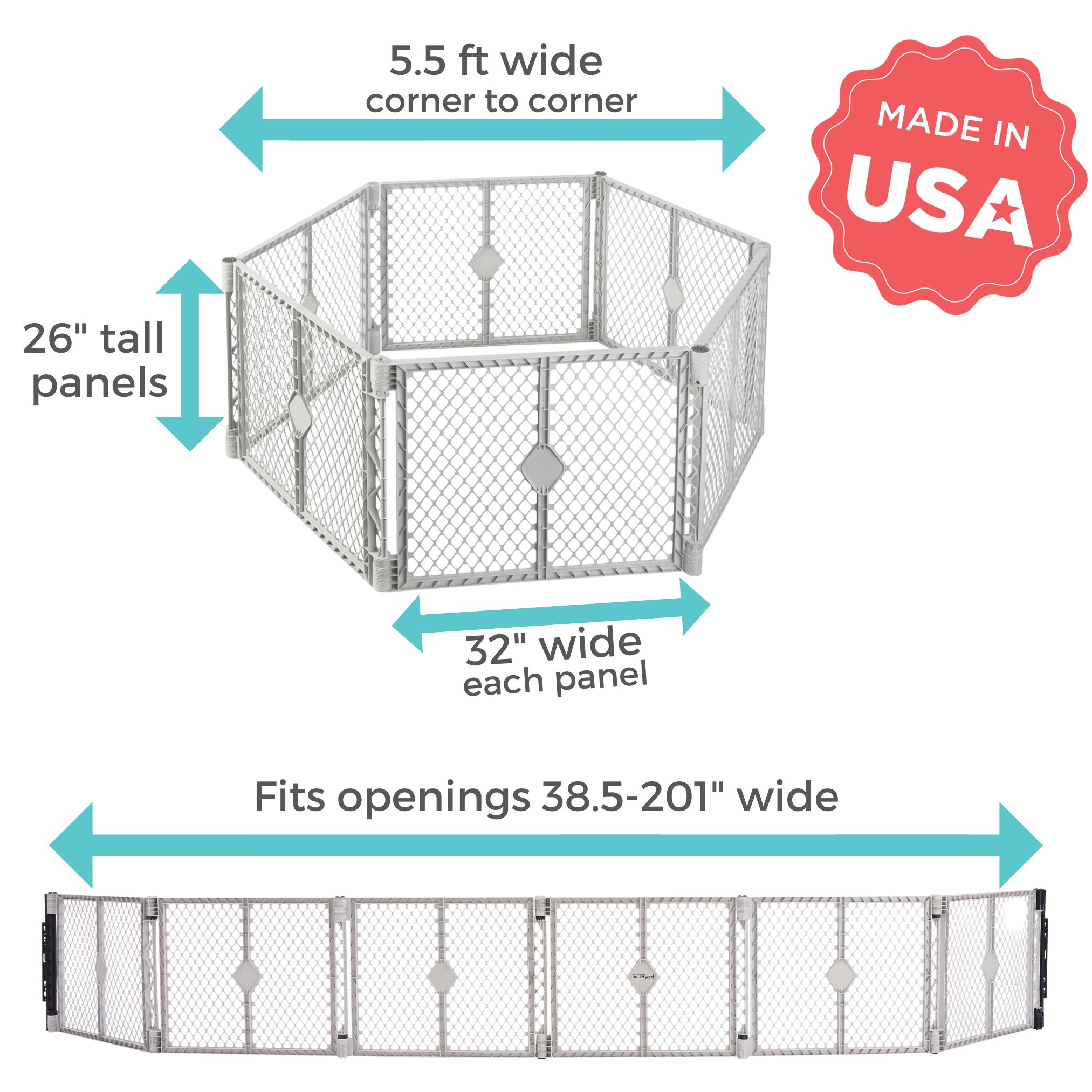 Corralito de seguridad de plástico gris montado a presión/con herrajes de 192 pulgadas x 26 pulgadas con puerta Toddleroo de North States 8671