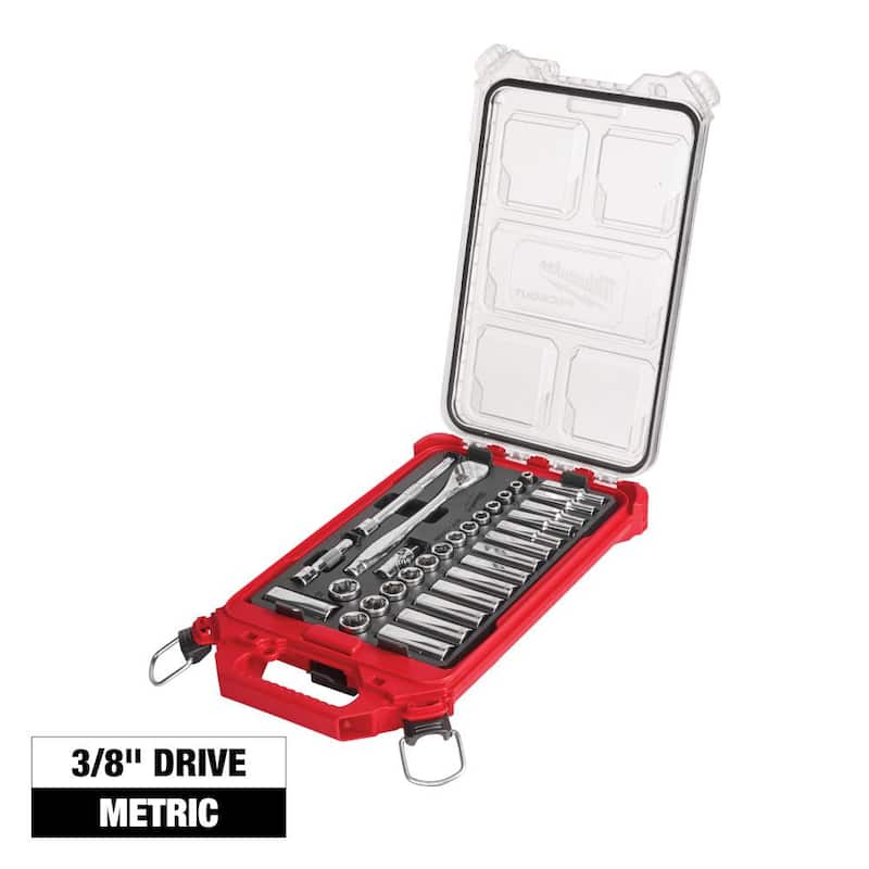 Juego de herramientas de mecánica con trinquete y dados métricos de 3/8 de pulgada Milwaukee con estuche PACKOUT (32 piezas) - 48-22-9482.