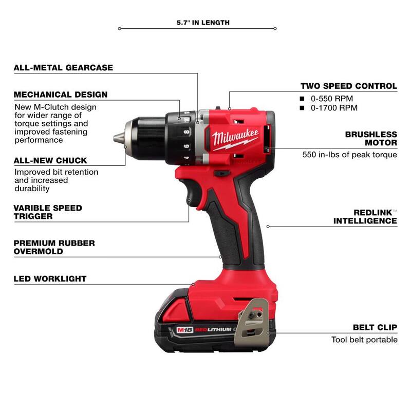 Milwaukee M18 18V Taladro/destornillador compacto inalámbrico sin escobillas de iones de litio con una batería de 2.0 Ah, cargador y set de puntas (25 piezas) - 3601-21P-48-32-4095