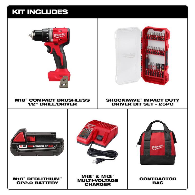 Milwaukee M18 18V Taladro/destornillador compacto inalámbrico sin escobillas de iones de litio con una batería de 2.0 Ah, cargador y set de puntas (25 piezas) - 3601-21P-48-32-4095