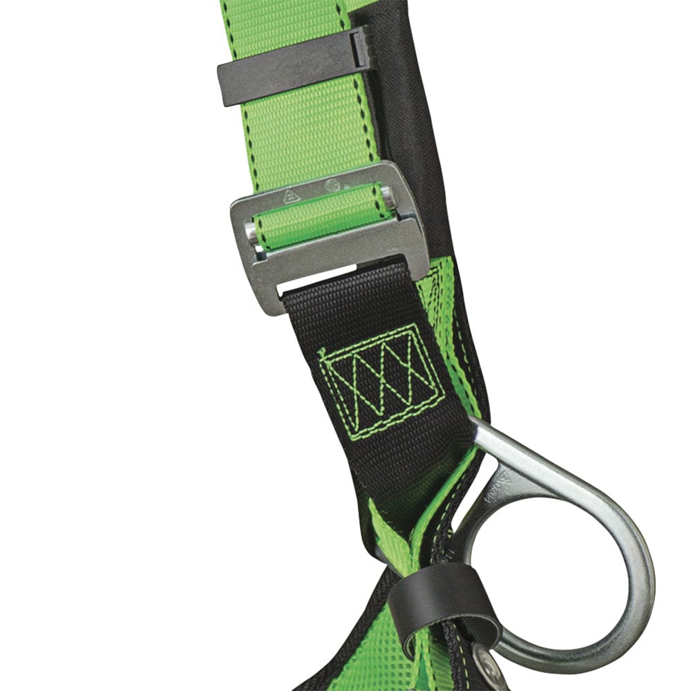Arnes de seguridad acolchado de cuerpo completo PeakWorks con soporte lumbar, ajuste de 5 puntos, indicador de caída, anillas D en la espalda y los costados, hebillas de pierna con ojales, verde/negro de alta visibilidad, ajuste universal V8006210.