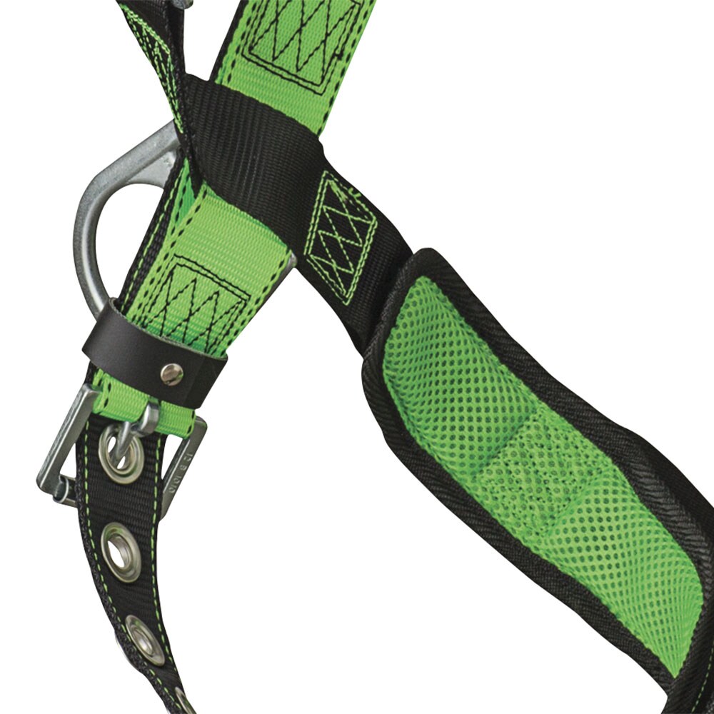 Arnes de seguridad acolchado de cuerpo completo PeakWorks con soporte lumbar, ajuste de 5 puntos, indicador de caída, anillas D en la espalda y los costados, hebillas de pierna con ojales, verde/negro de alta visibilidad, ajuste universal V8006210.