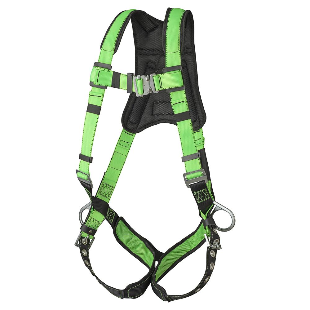 Arnes de seguridad acolchado de cuerpo completo PeakWorks con soporte lumbar, ajuste de 5 puntos, indicador de caída, anillas D en la espalda y los costados, hebillas de pierna con ojales, verde/negro de alta visibilidad, ajuste universal V8006210.