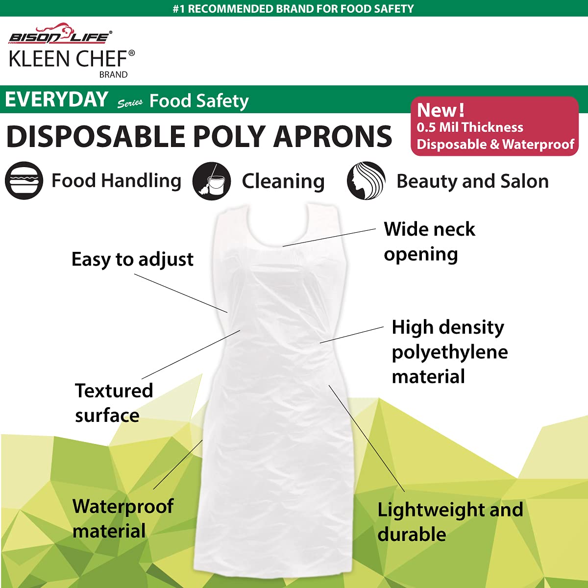 Delantales desechables para el manejo de alimentos de polietileno blanco, resistentes al agua, tamaño amplio para cuello, paquete de 200 unidades - 24 x 42 pulgadas - BISON LIFE
